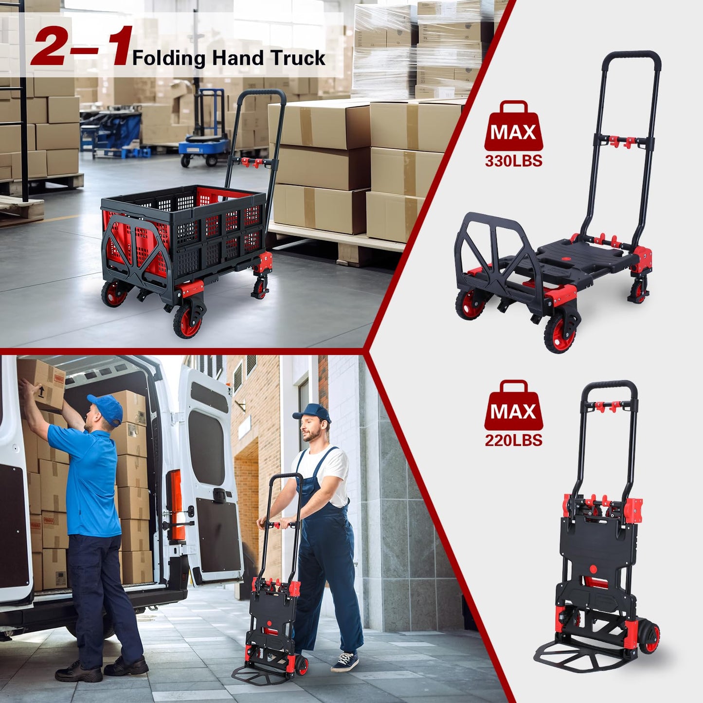 2 in 1 Folding Hand Truck Dolly with Basket,330LBS Capacity Hand Cart Foldable,Hand Truck Foldable with Retractable Handle,Folding Dolly Cart with Wheels for Moving