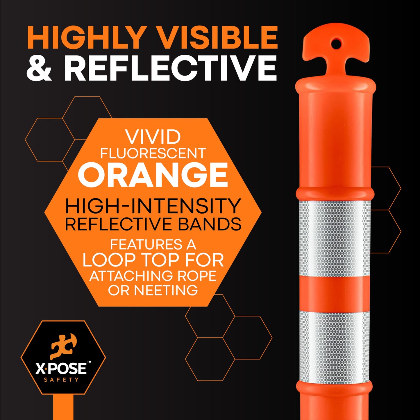 Xpose Safety 45" Orange Delineator Posts with Base, 3-Pack – T Top, 10" Reflective Band, 13 lb Rubber Base – Traffic, Parking, Construction, Events