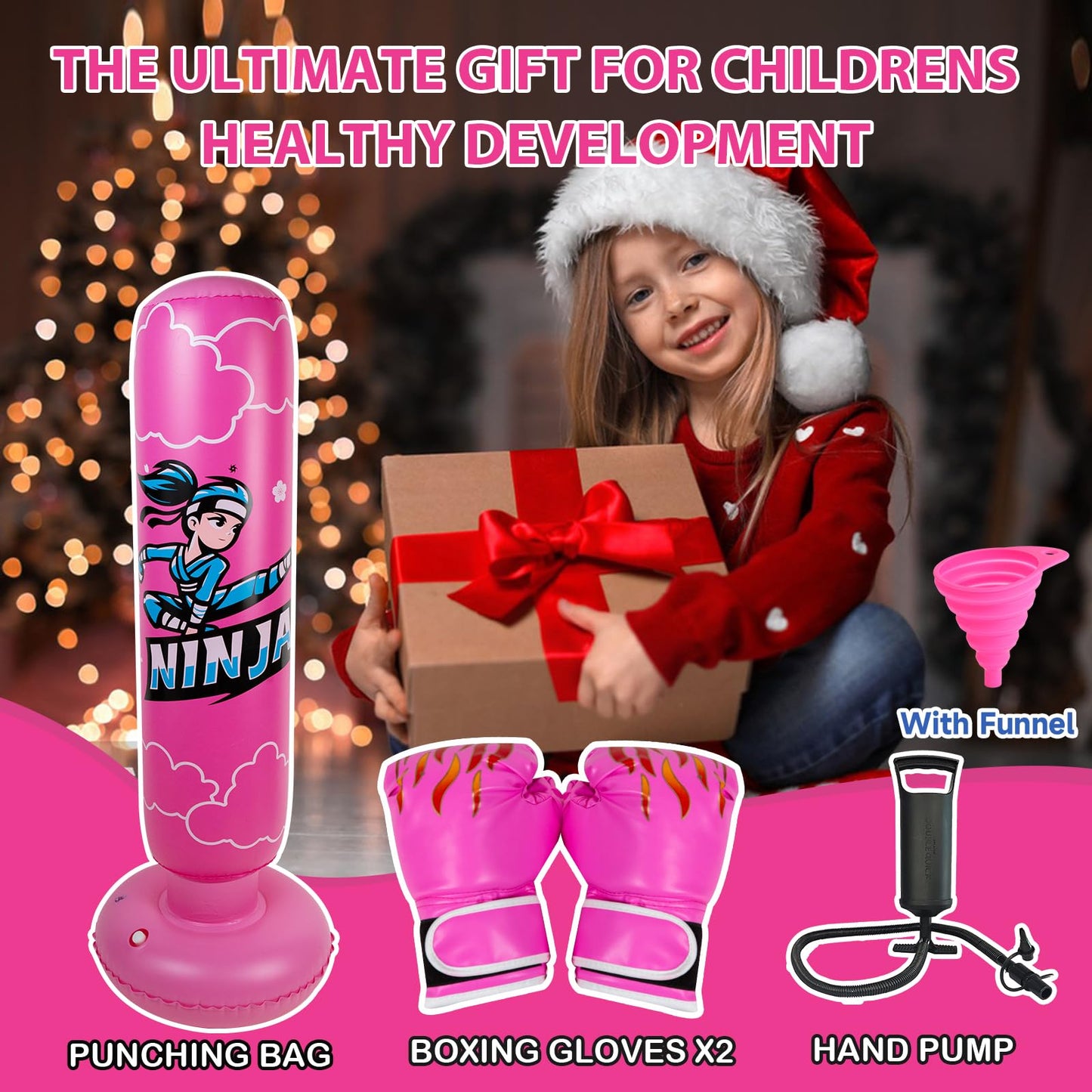 Onirii Kids Punching Bag Toy with Boxing Gloves,66 Inch Larger Stable Updated 4-in-1 Ninja Kids Inflatable Boxing Bag Set,Gifts for Boys & Girls Age 5-12 for Taekwondo,MMA and Practicing Karate