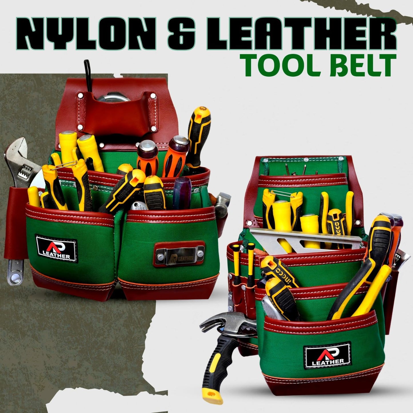 AP-LEATHER Full Grain Leather & Nylon Heavy-Duty Tool Belt Pouch with Suspender & Nylon, 28 Pocket, EVA Foam Padded Comfort, Adjustable 30"-50" Fit (Green)