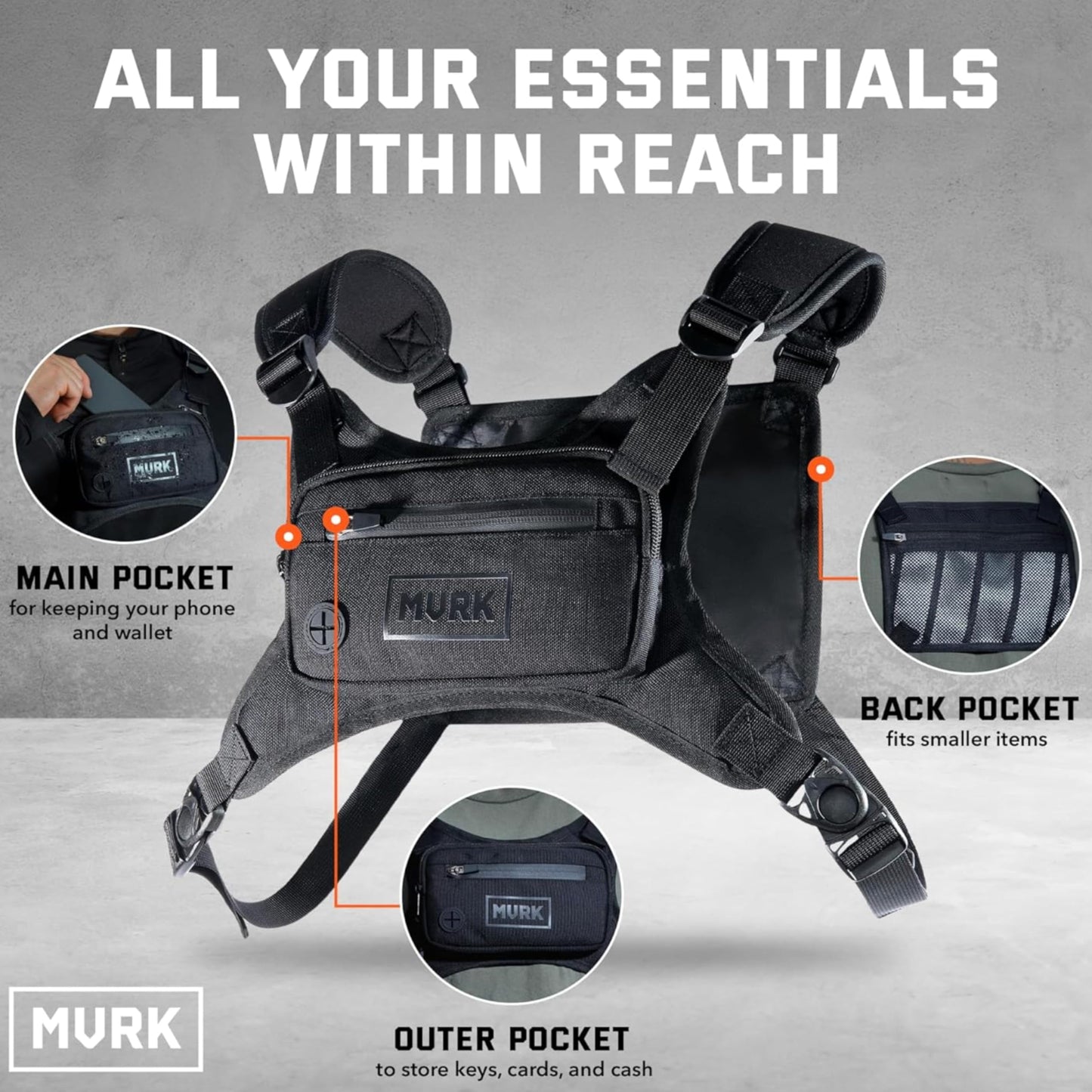 MVRK Water Resistant Running Vest Chest Pack, Phone Holder for Running, Lightweight Training Pack with Extra Storage & Reflective Detail