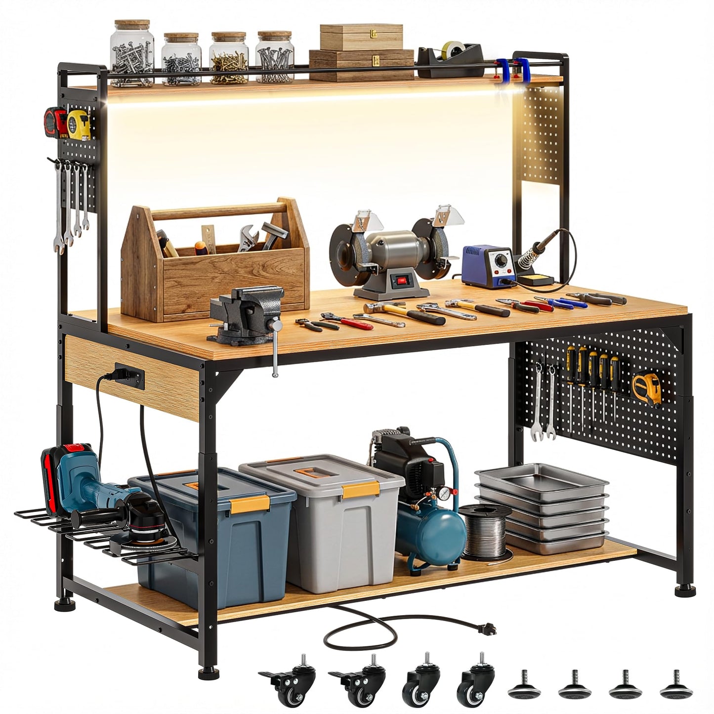 DWVO 59in Large Adjustable Height Workbench with Pegboard, 1100lb Heavy Duty Work Bench on Wheels, 59"x31" Work Table with AC/USB Outlet, Storage Shelf, LED Light, Hooks, for Garage, Workshop, Home