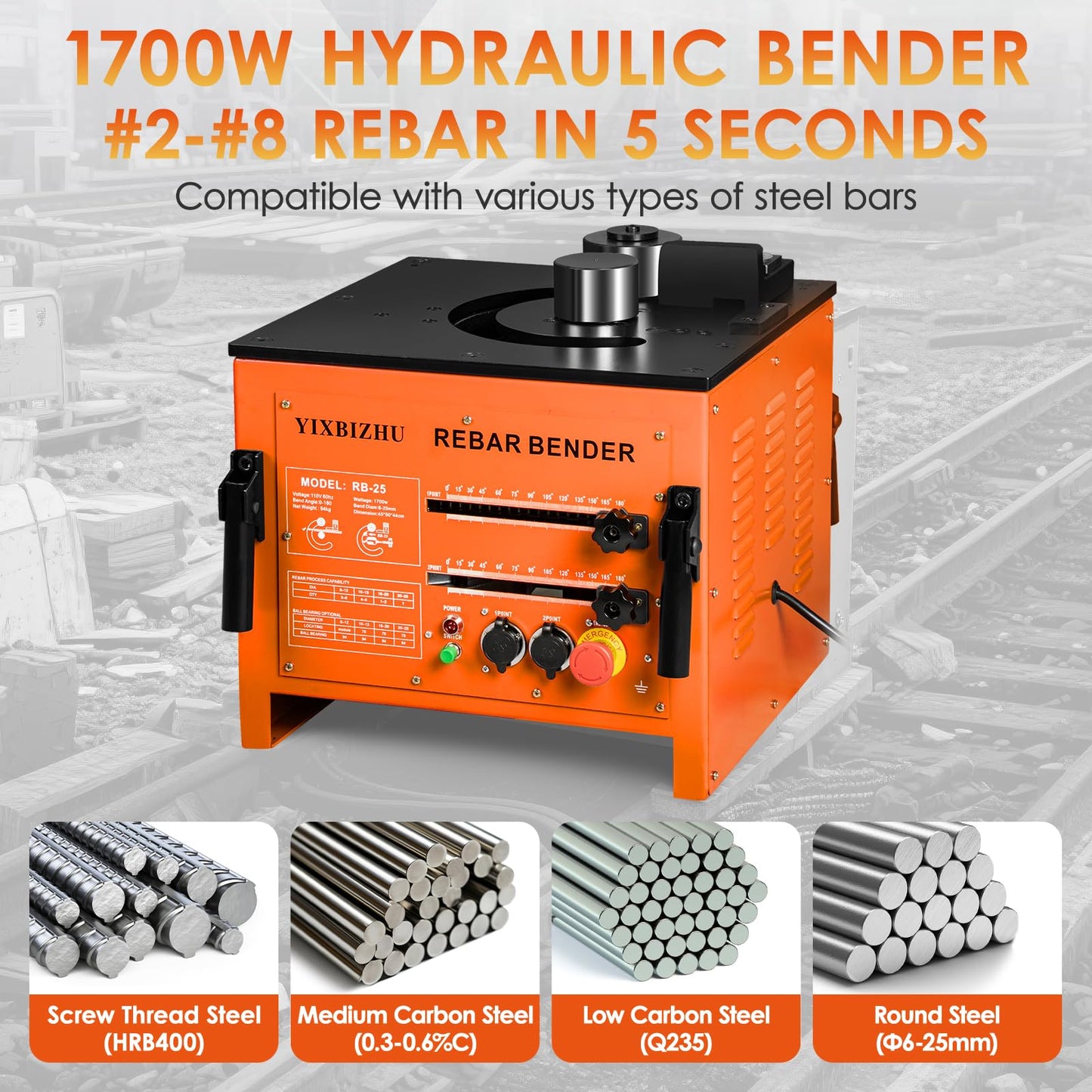 YIXBIZHU 1700W Rebar Bender, 5s Bends for #2–#8 (6–25mm), 0–180°Angle Dial with 30°/45°/90°/135° Stops, Heavy Cast-Iron Body, Foot-Pedal Hydraulic Steel Bending Tool (RB‑25)