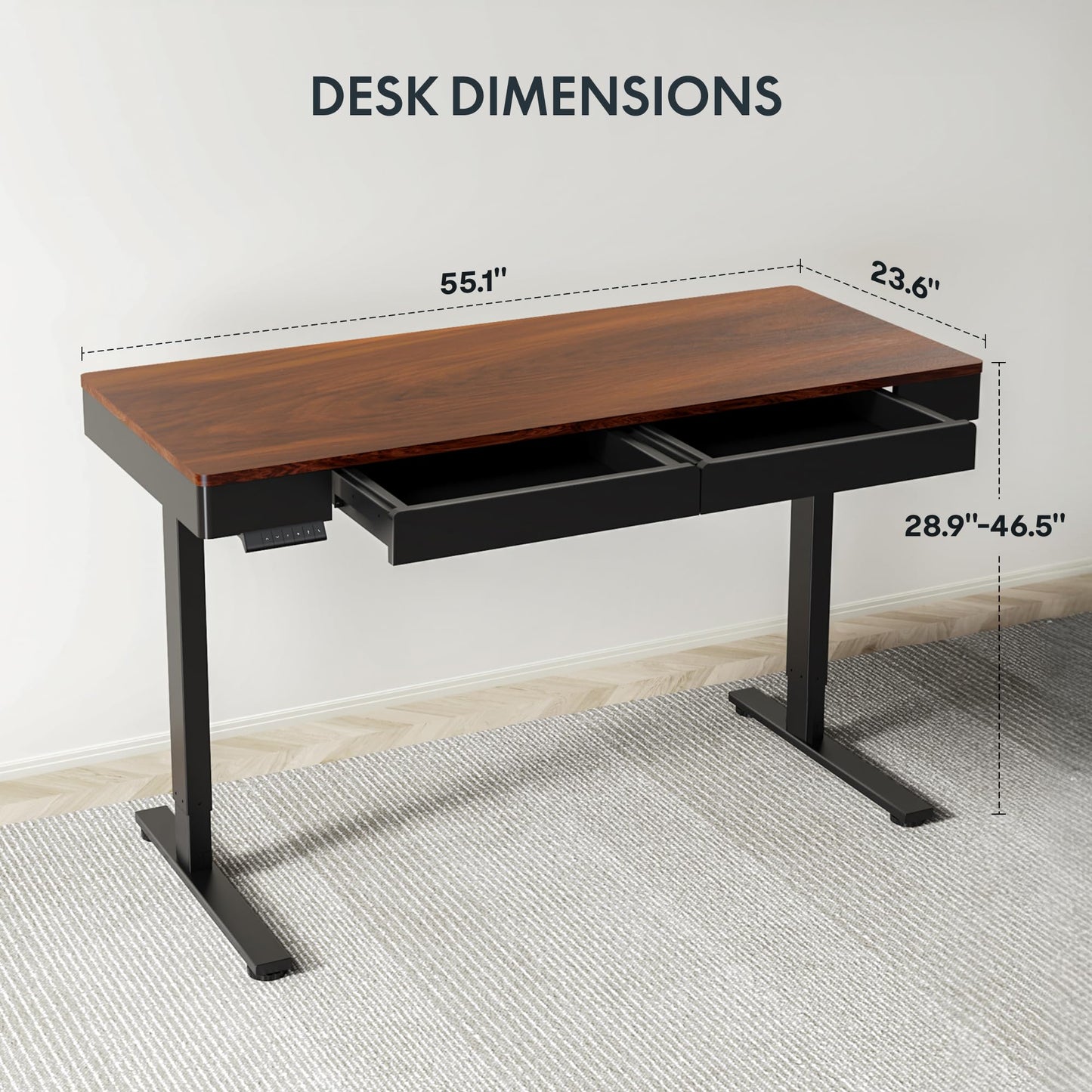 FLEXISPOT Standing Desk with Drawer, 55 x 24 Inch Whole Piece Electric Adjustable Height Stand Up Computer Workstation for Home, Office, Dark Walnut