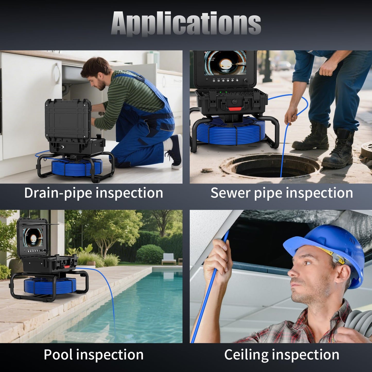 JINXINEBAY 10 Inch IPS Sewer Inspection Camera with 512Hz Locator, 1080P AHD, 50M Cable, DVR, Auto Self-Leveling, 5X Zoom, TF Card, LED Lights for Pipe/Wall/Drain (165FT/512hz Locator)
