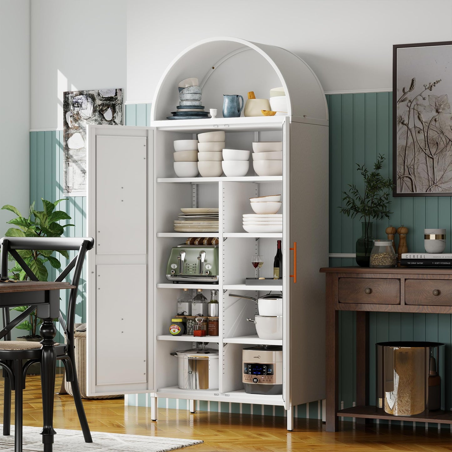 JAORD Arched Kitchen Pantry Cabinet with 6 Adjustable Shelves, Metal White Arched Cabinet with 2 Doors for Kitchen,Living Room, Assemble Required,15.4" D x 30.7" W x 72.8" H
