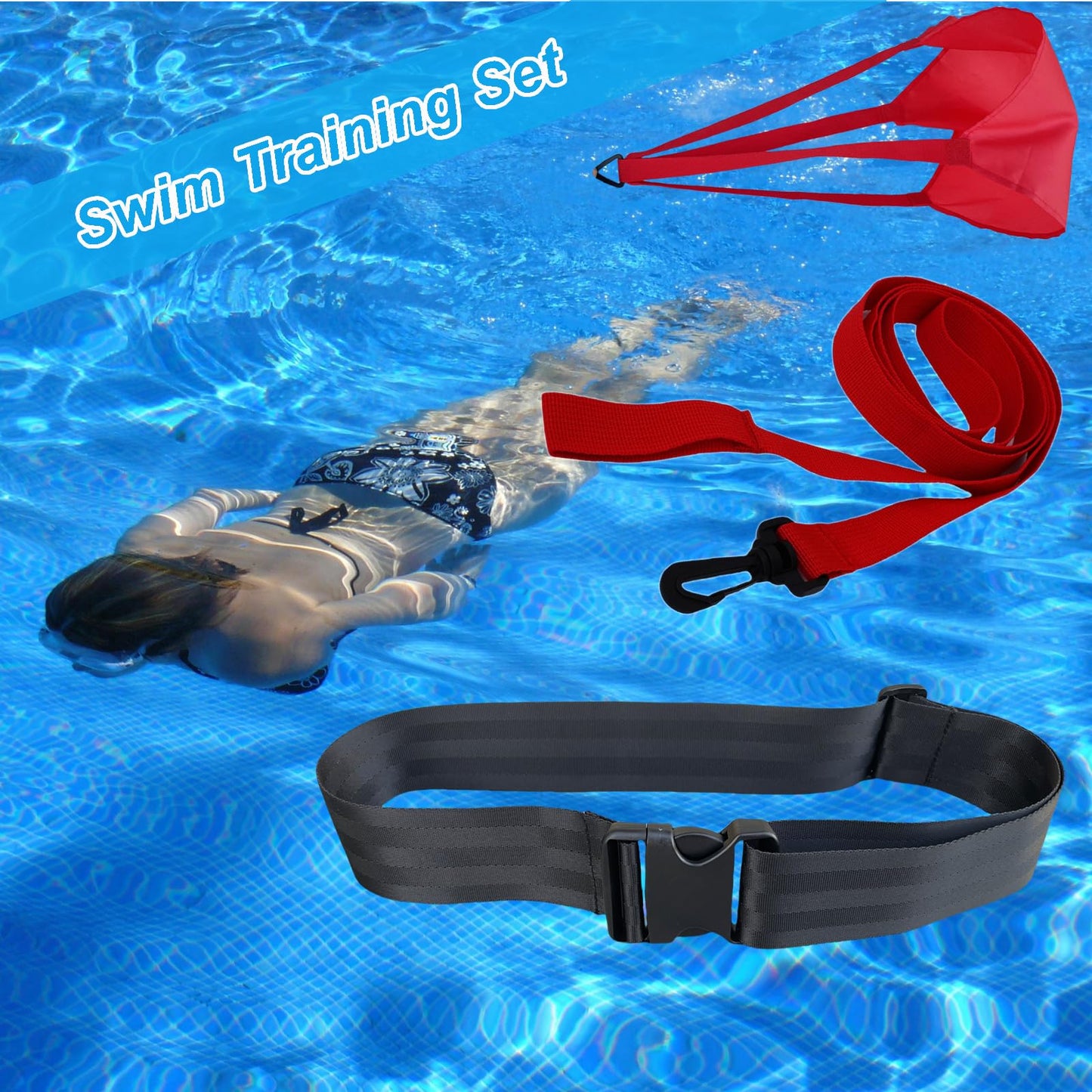 Swimming Training Set - Aquatic Resistance Belt, Parachute & Pool Harness Trainer - Stationary Swim Exercise Set - Accessory
