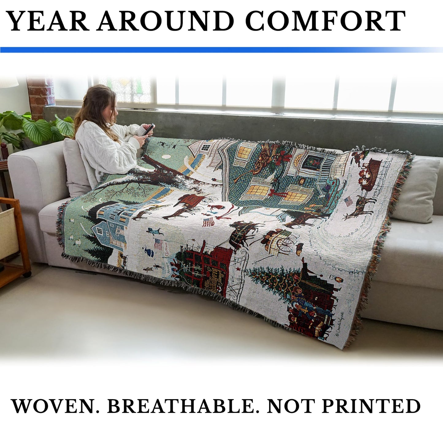 Pure Country Weavers Cape Cod Christmas Blanket by Charles Wysocki - Early America Gift Tapestry Throw Woven from Cotton - Made in the USA (72x54)