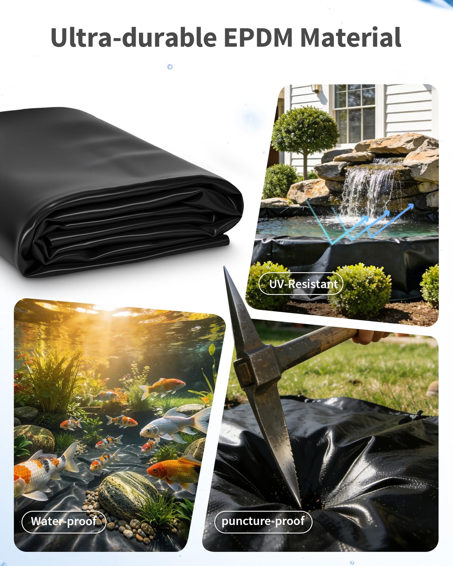 POPOSOAP Pond Liner, Mil Fish Pond EPDM Liner, U-V Resistant Preformed Garden Pond Liners for Outdoor Ponds, Koi Ponds, Garden Fountain, Waterfalls 10 x 10 FT 45Mil