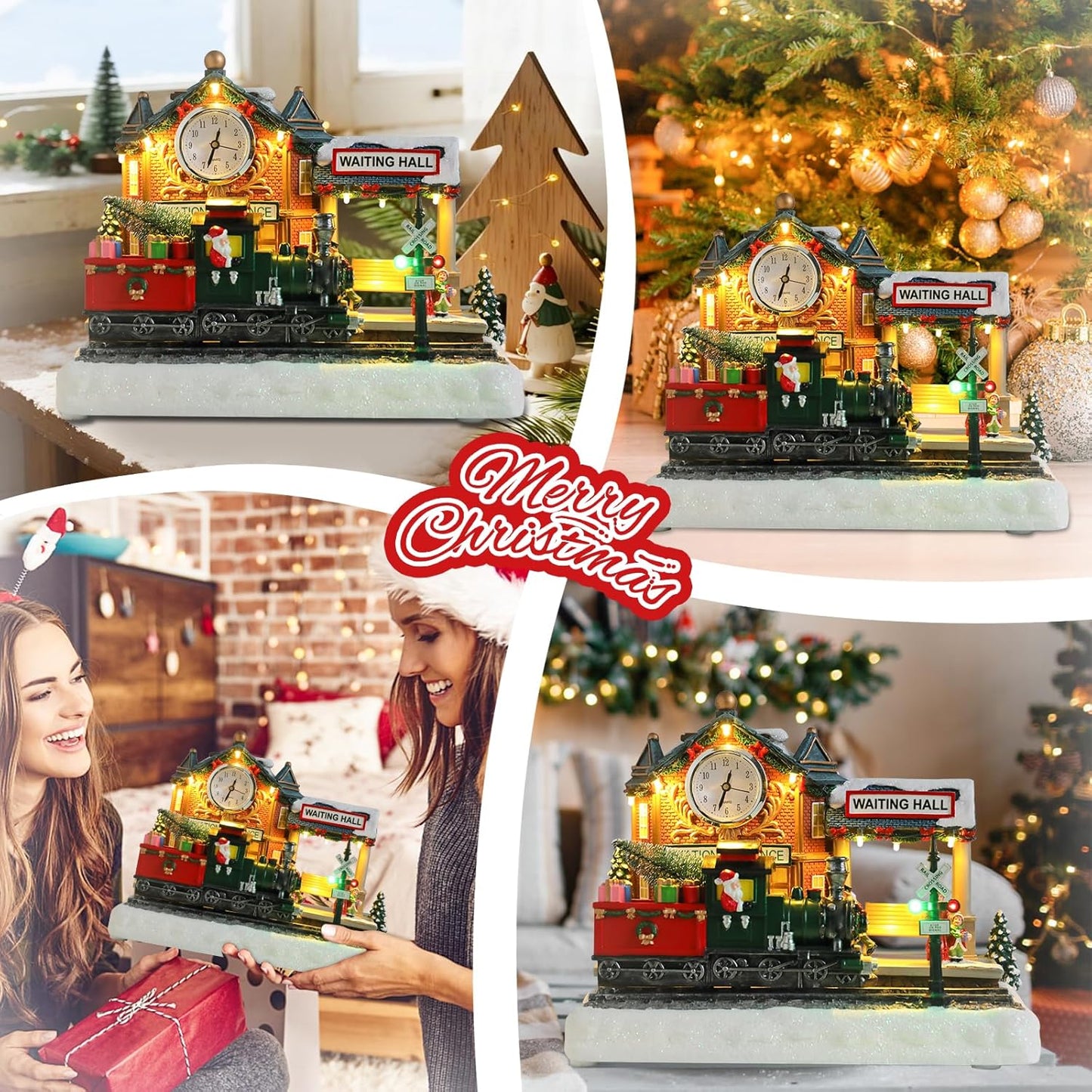 VCUTEKA Animated Christmas Village Train Station - Lighted Musical Santa Display for Holiday Décor