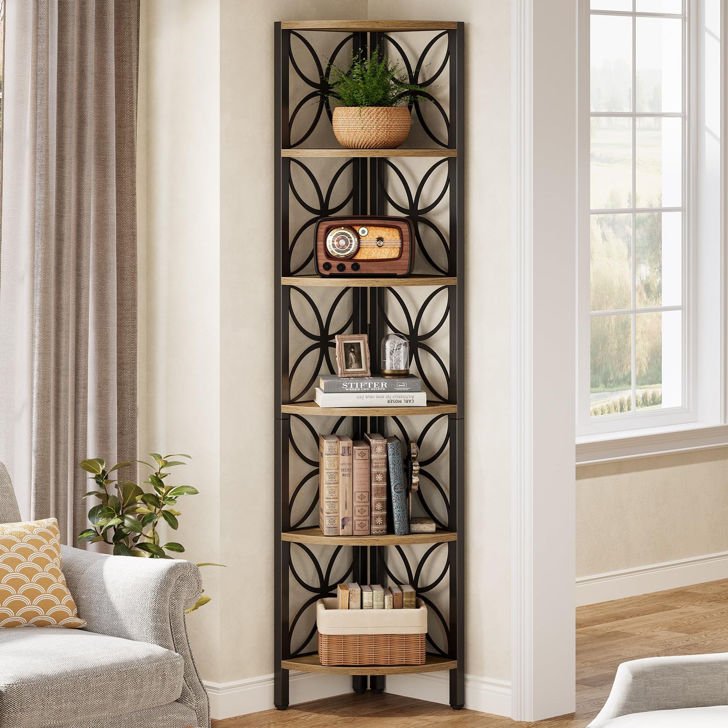 Tribesigns 6-Tier Corner Shelf, Industrial 70.9" Rustic Corner Bookshelf Display Shelf for Living Room, Wooden Shelving Unit Plant Stand Storage Rack for Bedroom, Kitchen, Small Place, Rsutic Brown