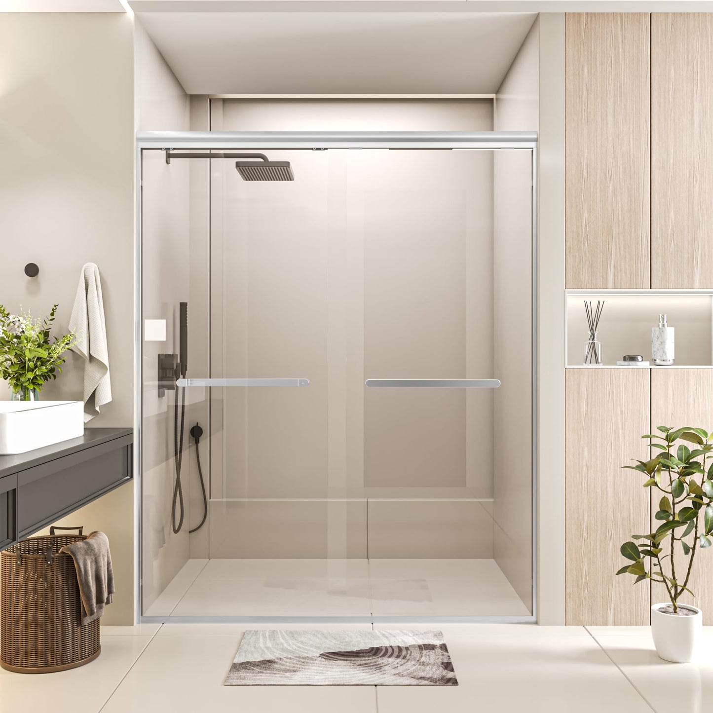 Trumbeak Double Sliding 44-48" W×72" H Shower Door,Semi-Frameless Sliding Glass Shower Door with 1/4''(6mm) Clear SGCC Tempered Glass,for Walk-in Shower Enclosure,Brushed Silvery