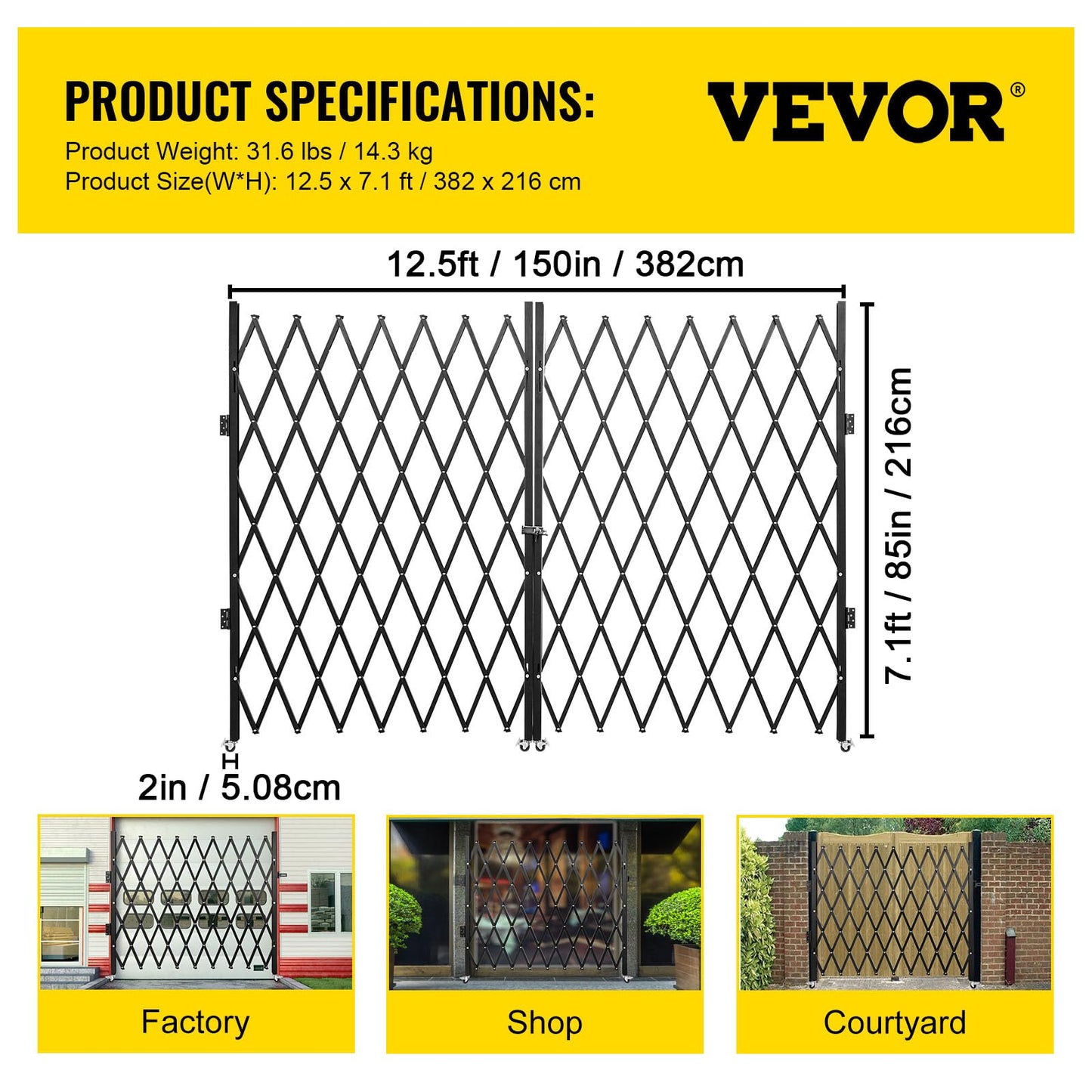 VEVOR Double Folding Security Gate, 87" H x 150" W Folding Door Gate, Steel Accordion Security Gate, Flexible Expanding Security Gate, 360° Rolling Barricade Gate, Scissor Gate or Door with Keys
