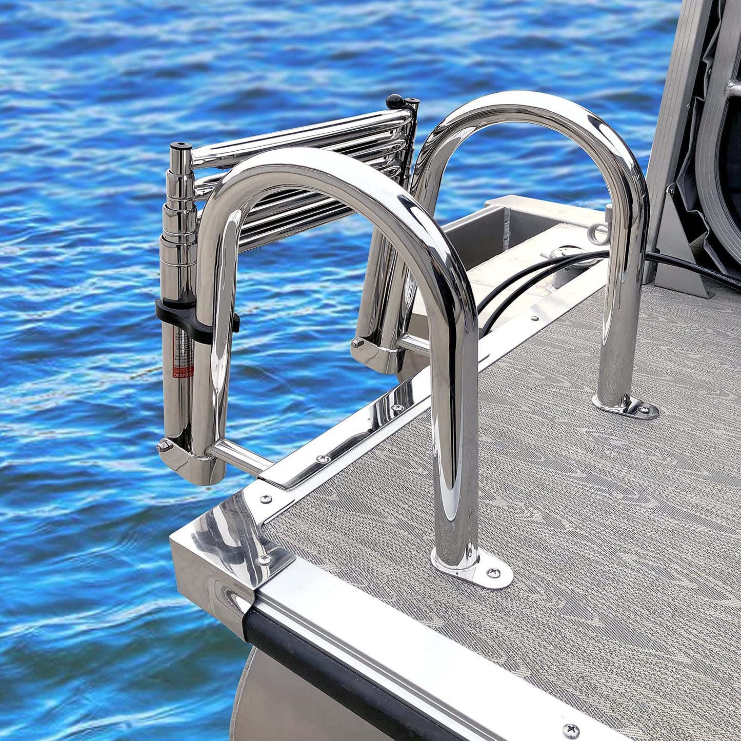 Marinebaby 4-Step Pontoon Boat Ladder, 316 Stainless Steel Folding Telescoping Inboard Ladder with Hand Railing and Extra Wide Steps
