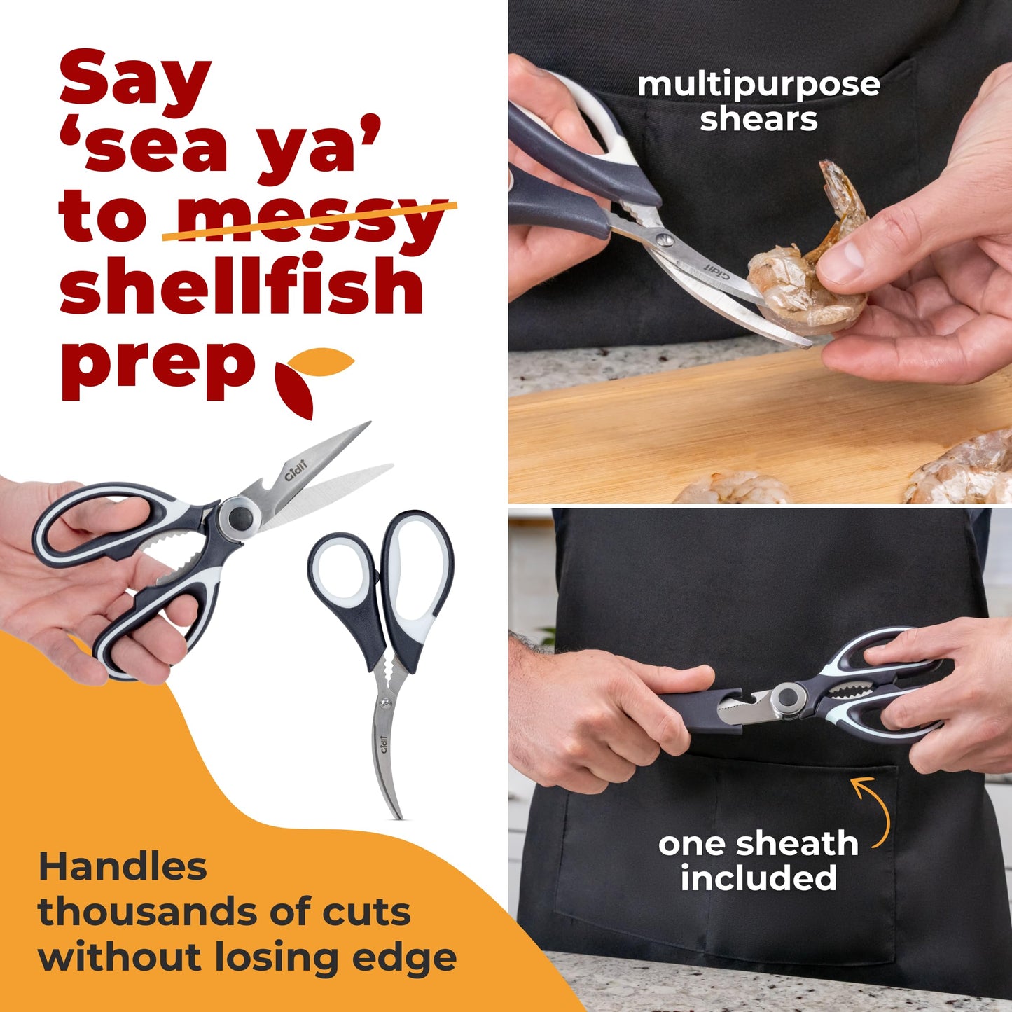 Gidli Chef Knife and Kitchen Shears Set – Ultra Sharp 8” Chef Knife with Knife Sharpener + Heavy Duty Kitchen Scissors & Seafood Scissors – Premium Stainless Steel Cooking Set – Gift Ready