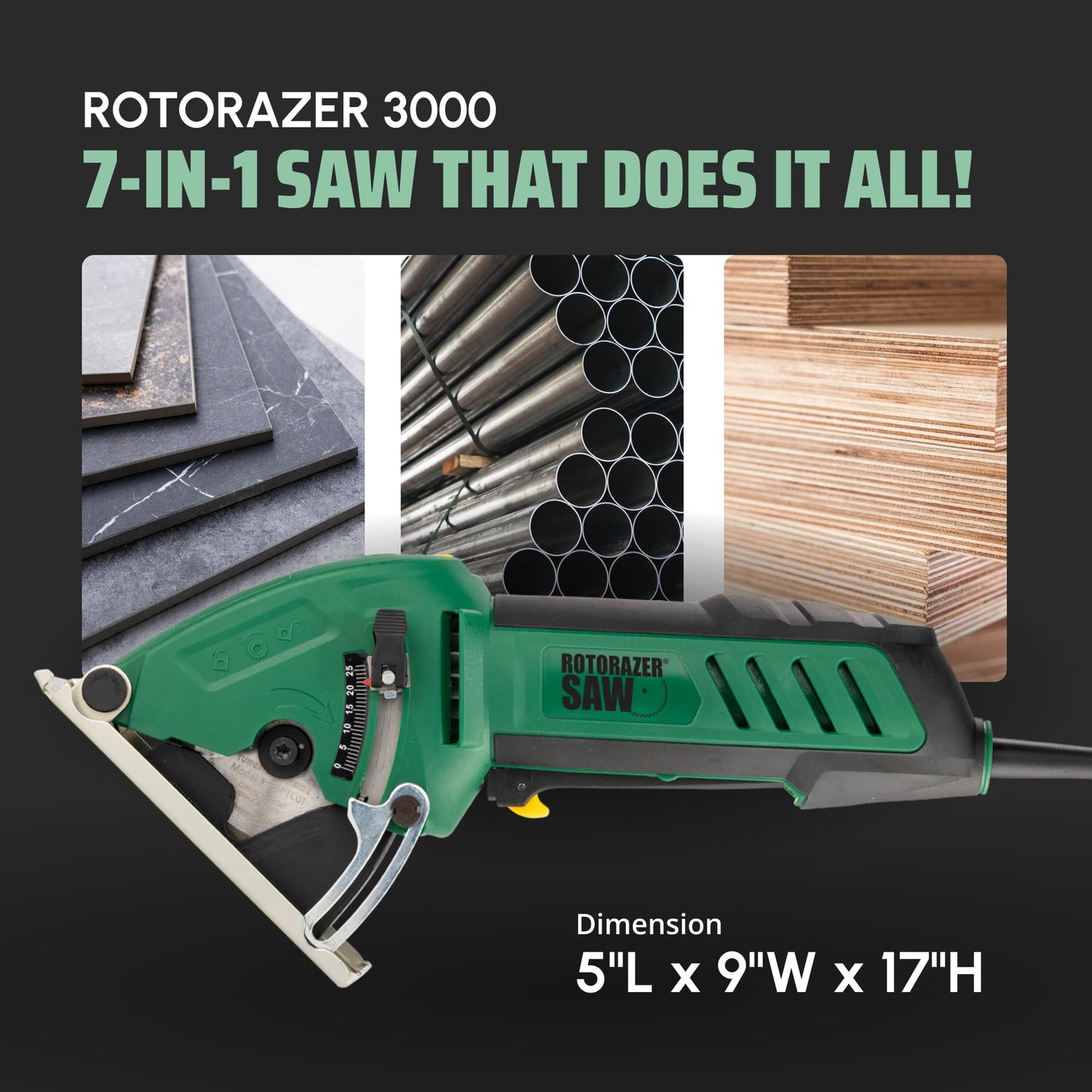 Official ROTORAZER Compact Circular Saw Set for DIY Projects - Cut Drywall, Tile, Grout, Metal, Pipes, PVC, Plastic, Copper, and Carpet w/Blades, Dust Collector & Case - AS SEEN ON TV (Green)