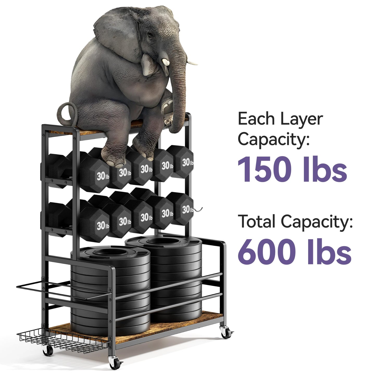 Dumbbell Rack with Wheels, 3-Tier Home Gym Storage Rack, Workout Equipment Organizer with Lockable Casters, Hooks, Side Basket and Wood Shelves