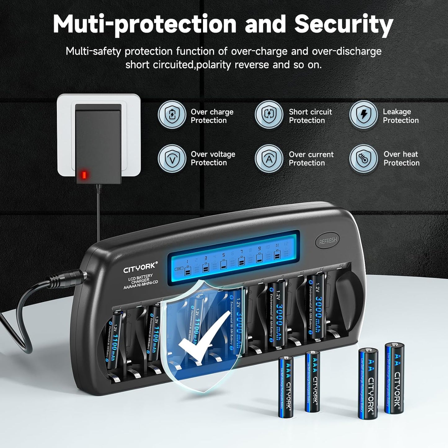 CITYORK 12 1.2V Bay AA AAA Battery Charger with Refresh Function, Smart LCD Display Battery Charger for Ni-MH/Ni-CD AA