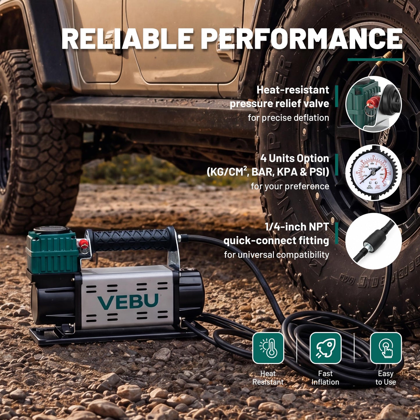 VEBU 12V Air Compressor, 125PSI Tire Inflator with In-line Pressure Gauge, 5.65CFM Fast Inflation for Off-road Vehicles, Trucks, SUVs, RVs, ATVs, DC Power, Corded Electric