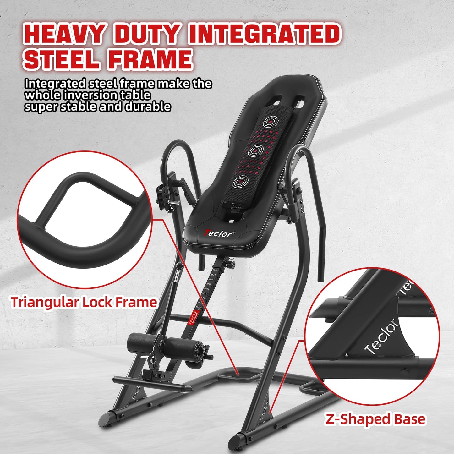 Teclor Inversion Table,Advanced Heat and Massage Function,Strength Training Inversion Table for Back Pain Relief,350 lbs Capacity with Thickened 3D Memory Foam backrest,Black