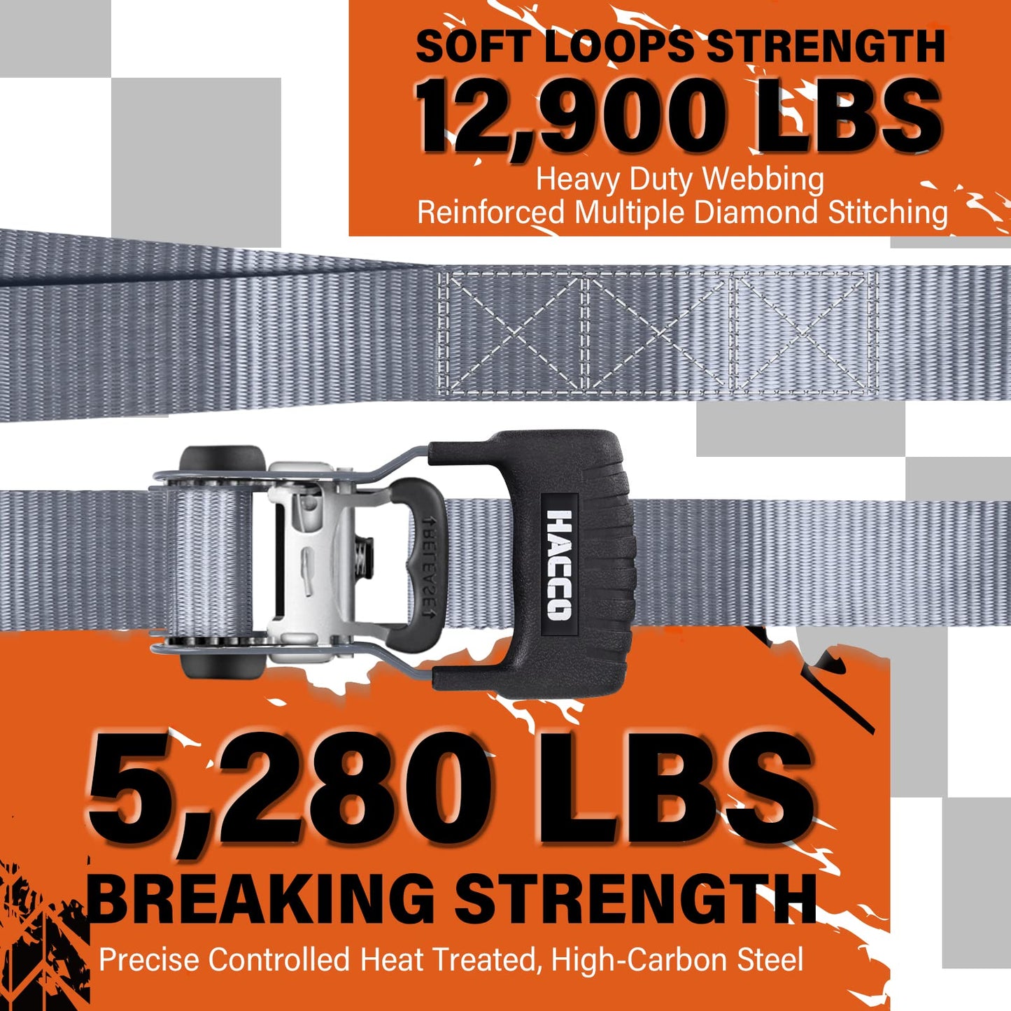 HACCOPLANET Ratchet Straps, 5280lb Break Strengeth, 1.6" Heavy Duty Ratchet Tie Down Strap Set w/Padded Handle, S Hook, Soft Loop for UTV Motorcycle Truck Cargo Straps (Grey, 8FT)