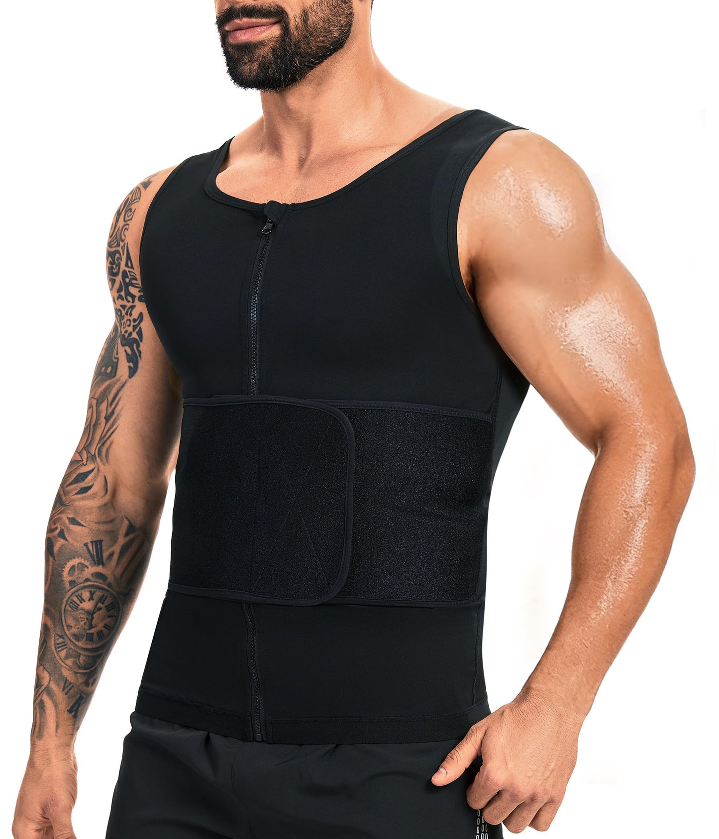 FUXERT Sauna Vest for Men Waist Trainer Sauna Shirt for Men Zipper Sweat Belt Tank Top for Belly Fat(BK S/M)