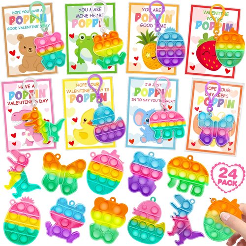 Jyusmile Valentines Day Cards for Kids School - 24 Pack Assorted Pop Fidget Keychains Bulk, Valentine's Day Gifts for Kids Classroom Exchange, Valentine Cards Party Favors for Boys Girls