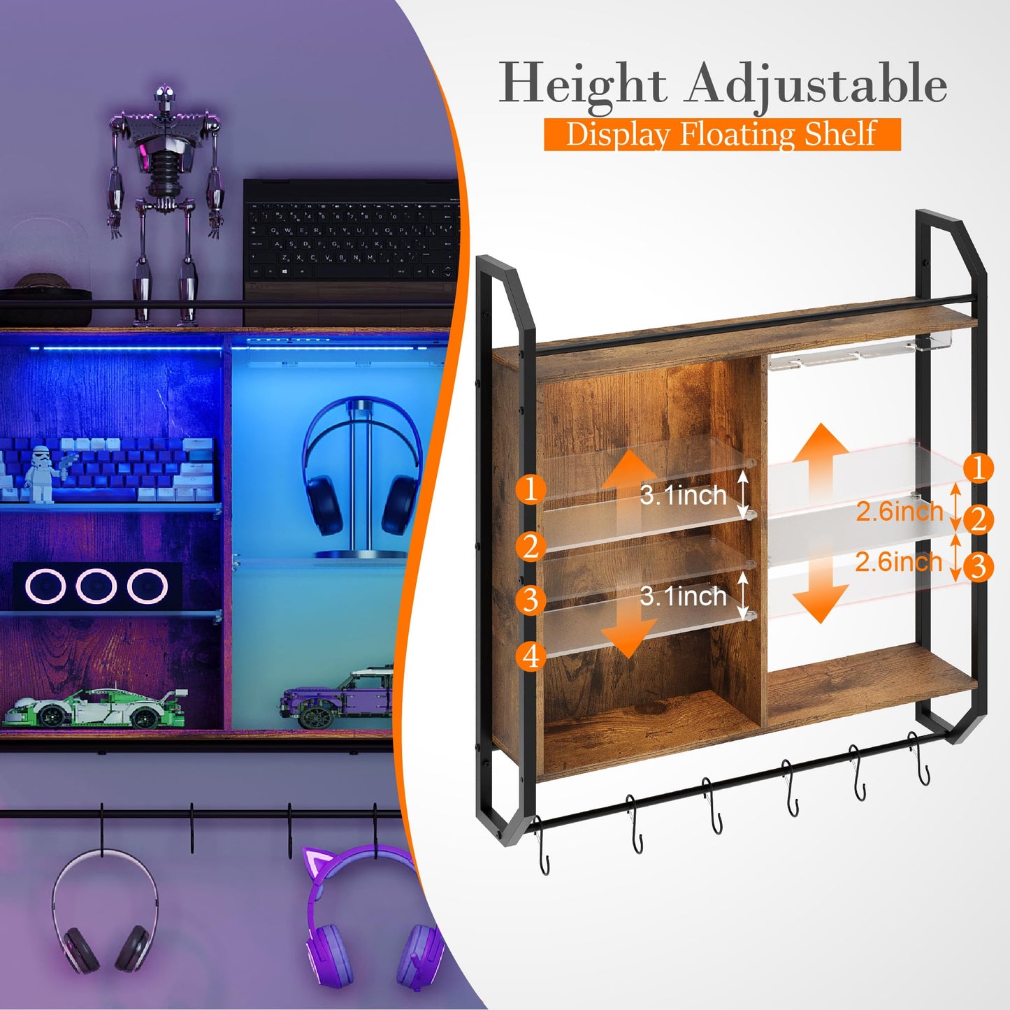 Wall Mounted Rack with LED Lights and Glass Holder, Floating Shelves with 6 S-Hooks,Hanging Wine Glass Rack for Coffee Bar,Home Decor,Gaming Shelf, Hanging Display Rack Bookshelf, Teen Boys Bedroom