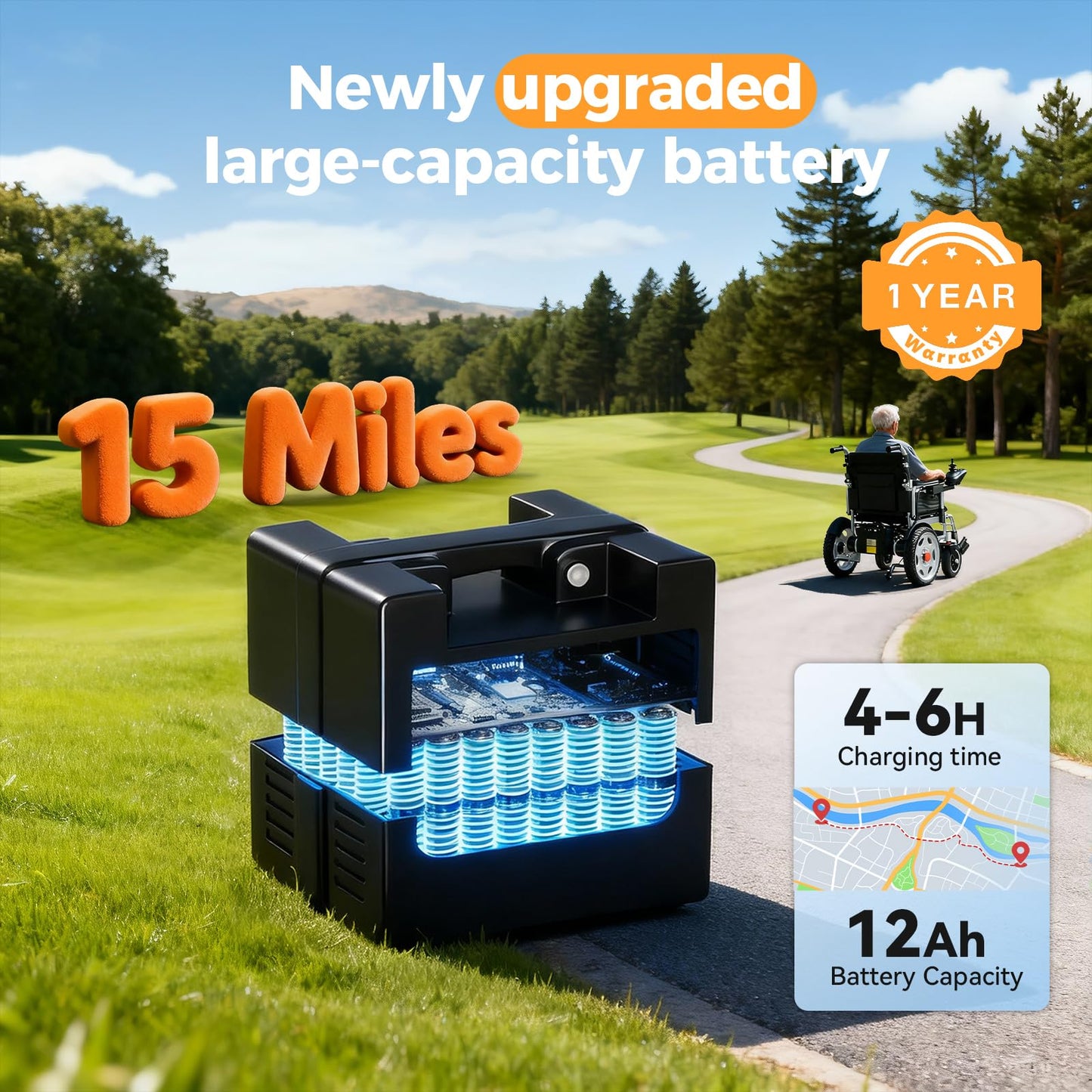 Electric Wheelchair, Electric Wheelchair for Adults, Foldable All Terrain Power Wheelchair, 15 Miles Long Travel Range, 500W Dual Motors, Lightweight Mobility Chair for Seniors - Indoor/Outdoor