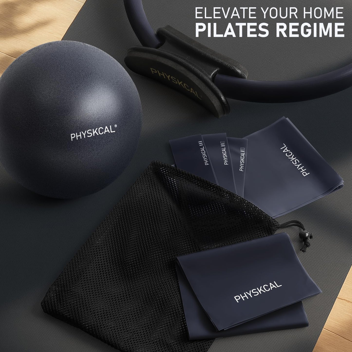 PhysKcal Pilates Ring Set, 15-Inch Magic Circle with 1x Core Ball, 3X Resistant Loop and 2X Flex Band, Mat Pilates at Home Essential Kit (Navy)