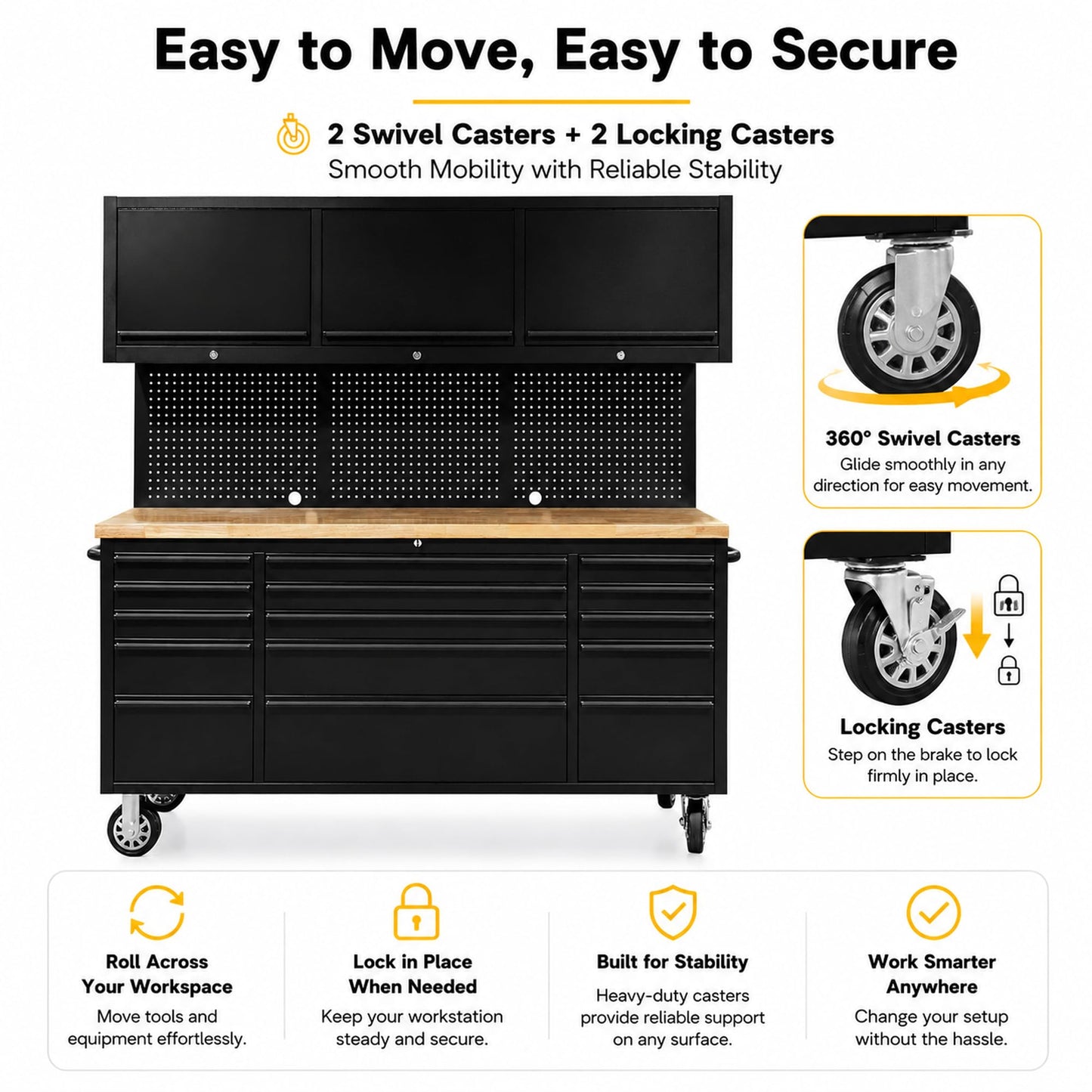 CHETTO C 72 inch Tool Chest Tool Box Mobile 15 Drawers Storage 3 Upper Cabinets SS-Pegboard Rolling Cabinet with Wheels Lock Key Locking System Drawer Liners for Garage Warehouse Repair Shop Black
