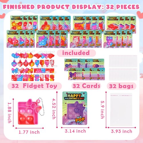 Amy&Benton 32 Pcs Mini Pop Bubble Fidget Toys, 8 Design Pop Squeeze Fidget Keychain Toys with Gifts Cards for Party Favors, Goodie Bag Stuffers Gifts for Kids School Classroom Exchange Game Prizes