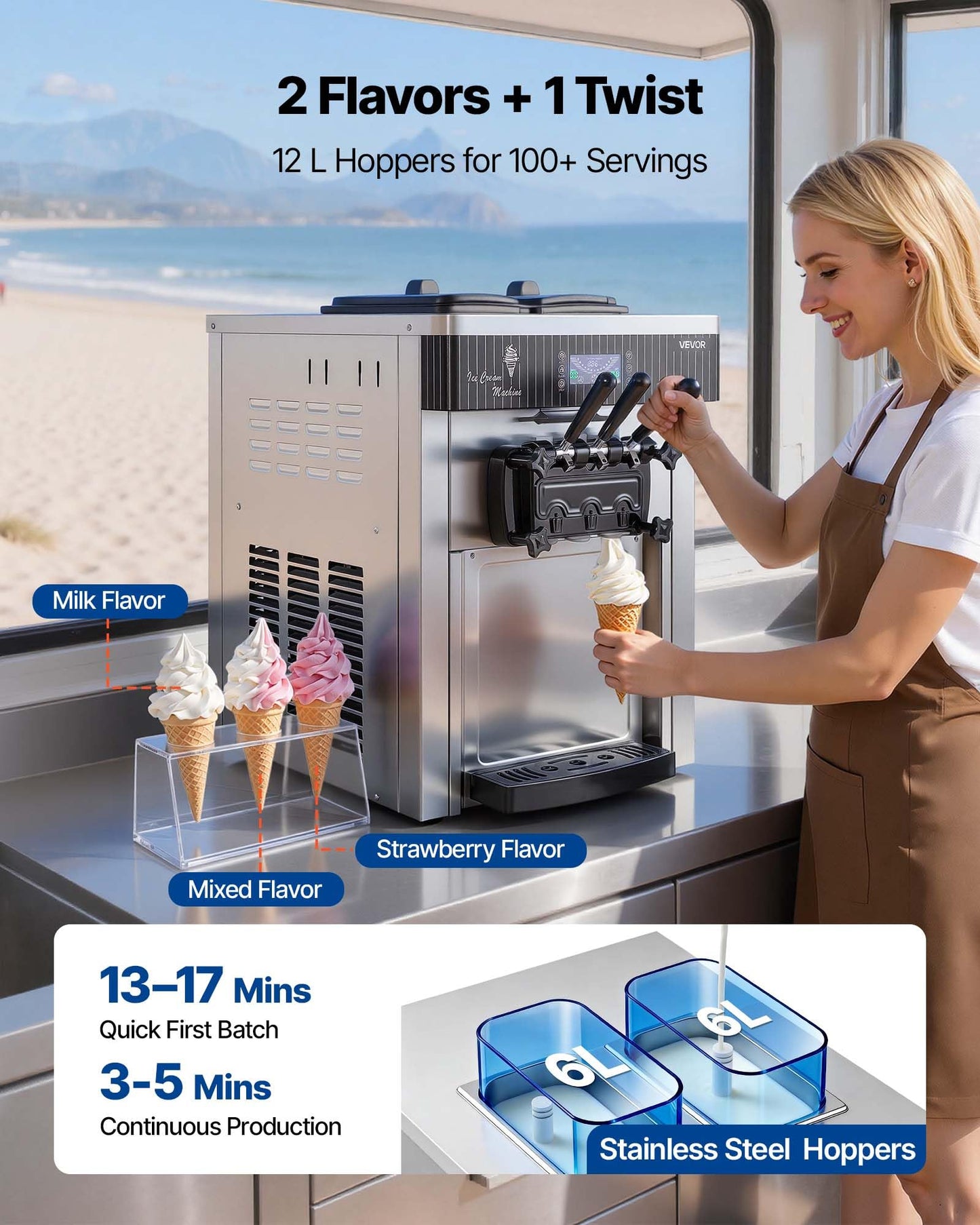 VEVOR Commercial Ice Cream Machine, 20-28L/H Yield, 2200W 3-Flavor Countertop Soft Serve Ice Cream Maker with 2 x 6L Hoppers & Hopper Agitation, Pre-Cooling Self-Cleaning for Snack Dessert Shops