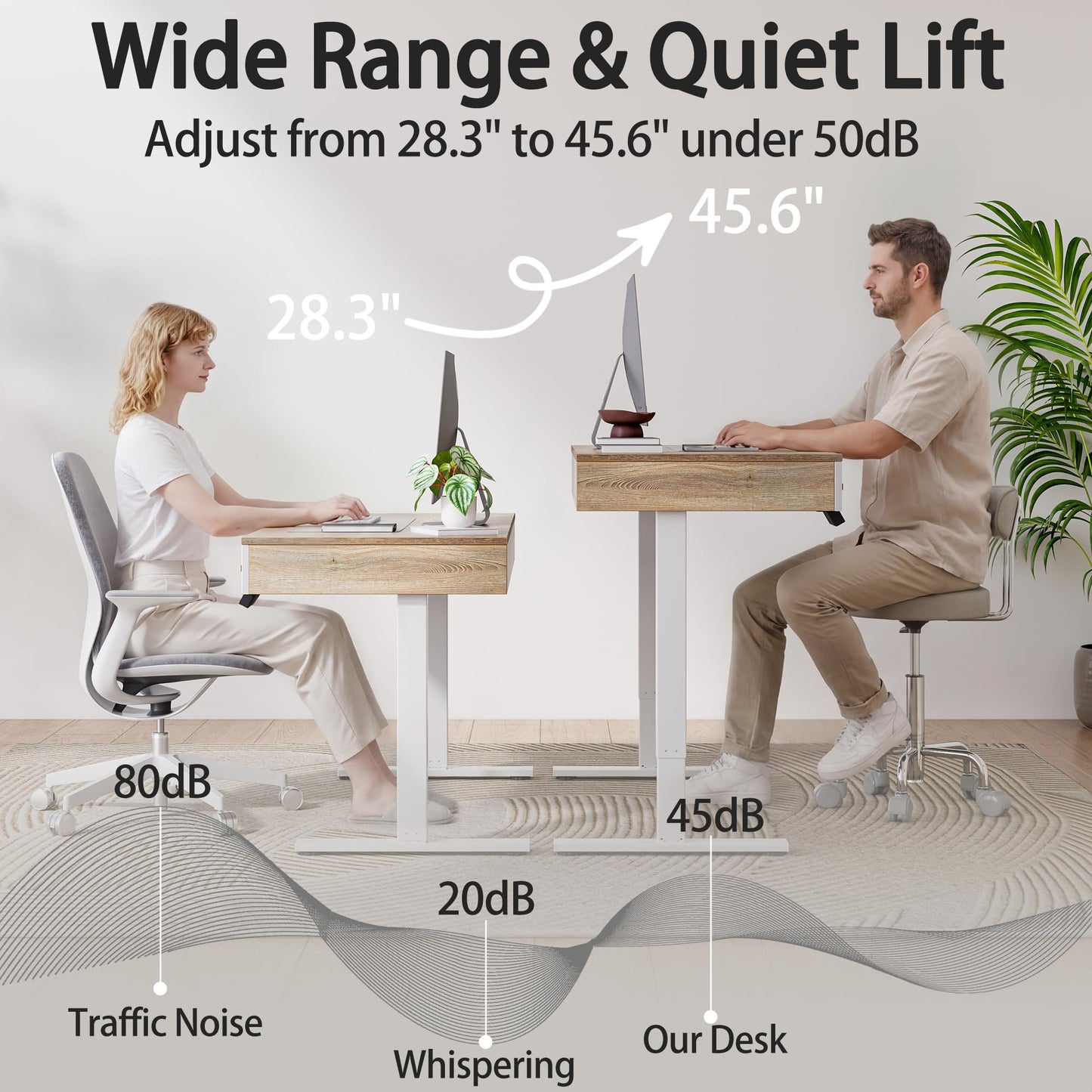 TIQLAB One-Piece Top Electric Standing Desk, 47 x 24 Inch Height Adjustable Sit Stand Desk with Three Drawers for Home Office, Maple