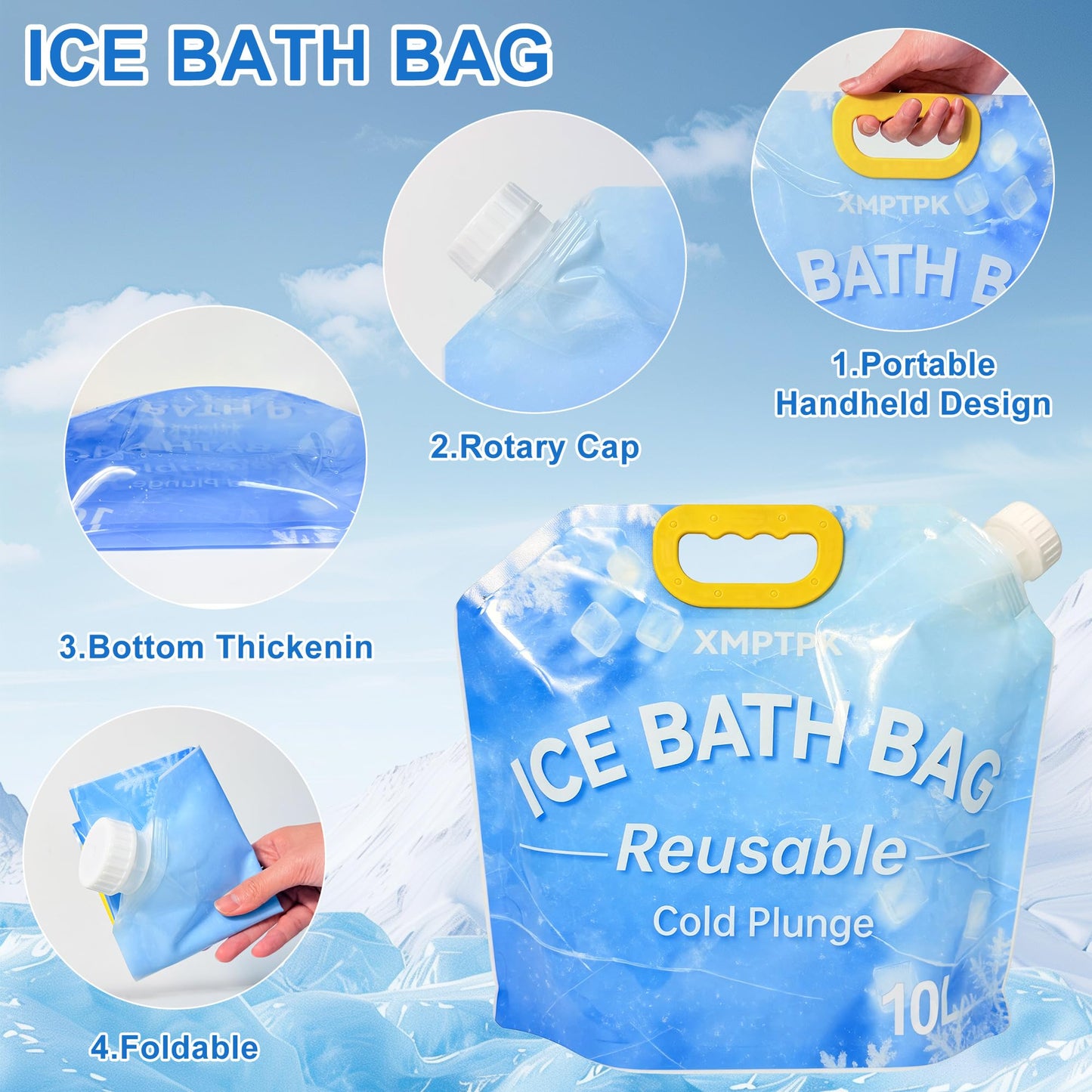 XMPTPK 4 Pack Ice Bath Bags, Reusable Cold Plunge Tub Accessories, Portable Bathtub Freezer Water Bags with Handle for Home Outdoor Bathtub Bucket(5L)