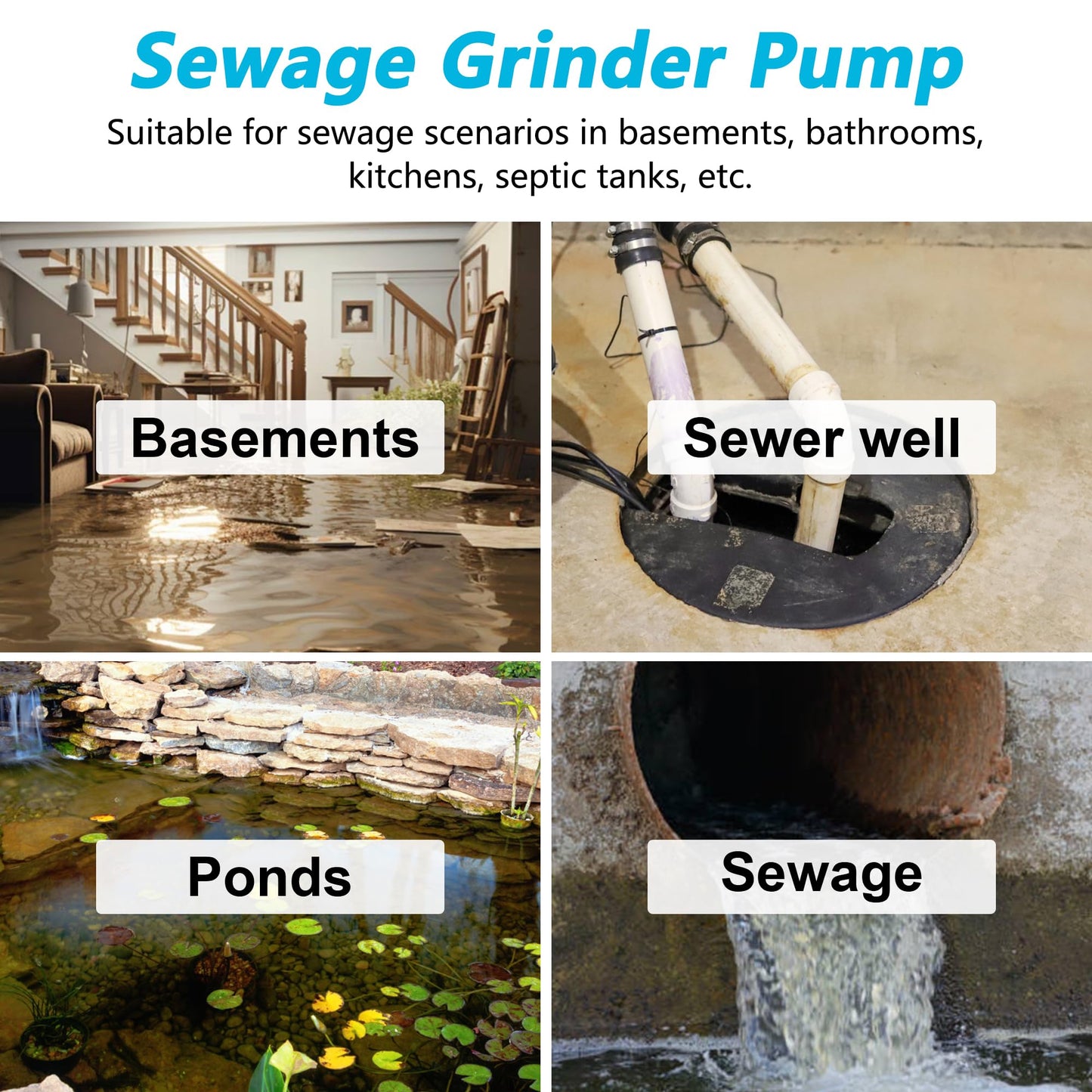 Sump Pump Submersible, Sewage Grinder Pump 110V 6400GPH 40Ft Max Head, Cast Iron Effluent Pump with Auto Float Switch 2'' NPT for Basement Basin Sewage Well Pond Swimming Pool, 32Ft Power Cord