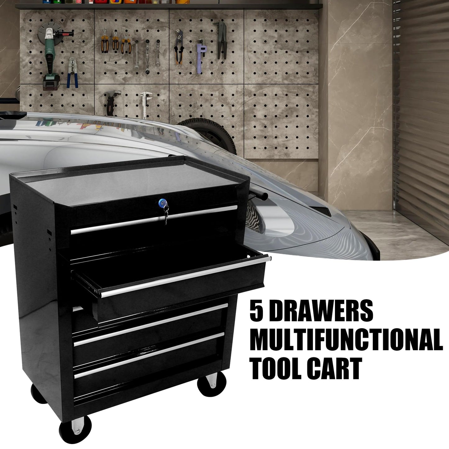 Tool Cart on Wheels, 5 Lockable Drawers Storage Cabinet Cart Rolling Tool Chest for Warehouse, Garage, Workshop Simple Assembly-Black