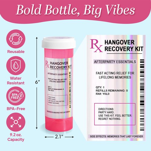 Chug Buddy Set of 10 Large Pink Pill Bottles for DIY Hangover Kits – Empty Bottles for Hangover Kit Supplies, Valentines Day Gifts, Bachelorette Party Favors, 21st Birthday & Bridesmaids Gifts