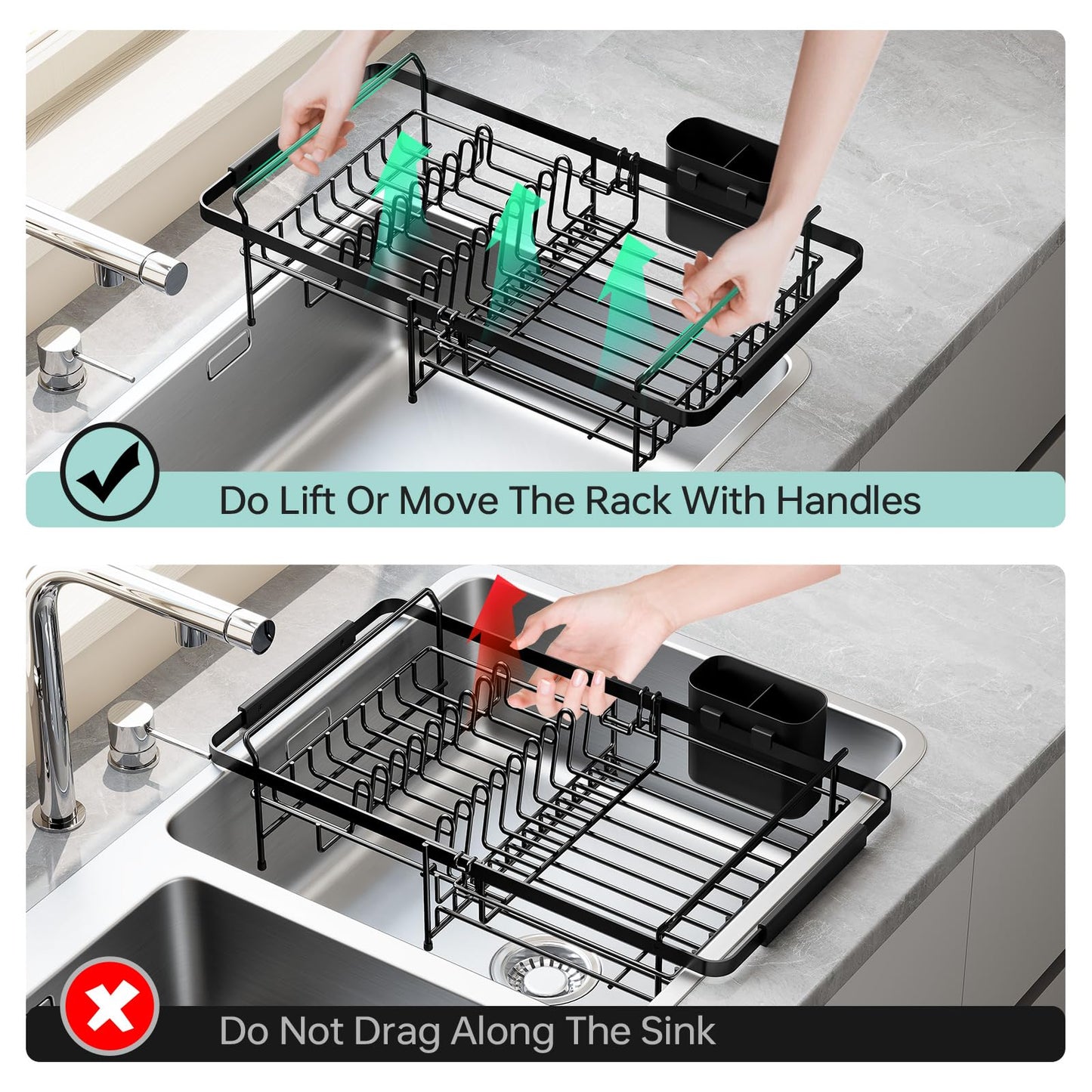 Urackify Dish Drying Rack in Sink - Expandable (14.5''-18''L) Over The Sink Dish Rack with Utensil Holder, Space-Saving Dish Drainer for Kitchen Counter, 1 Piece, Matte Black