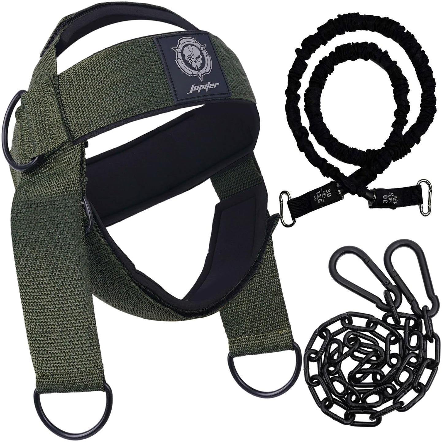 Neck Harness for Increases Neck Core Strength - Neck Exerciser with 30" Heavy Duty Steel Chain for Safely Lifting Weights Up to 282 lbs Green