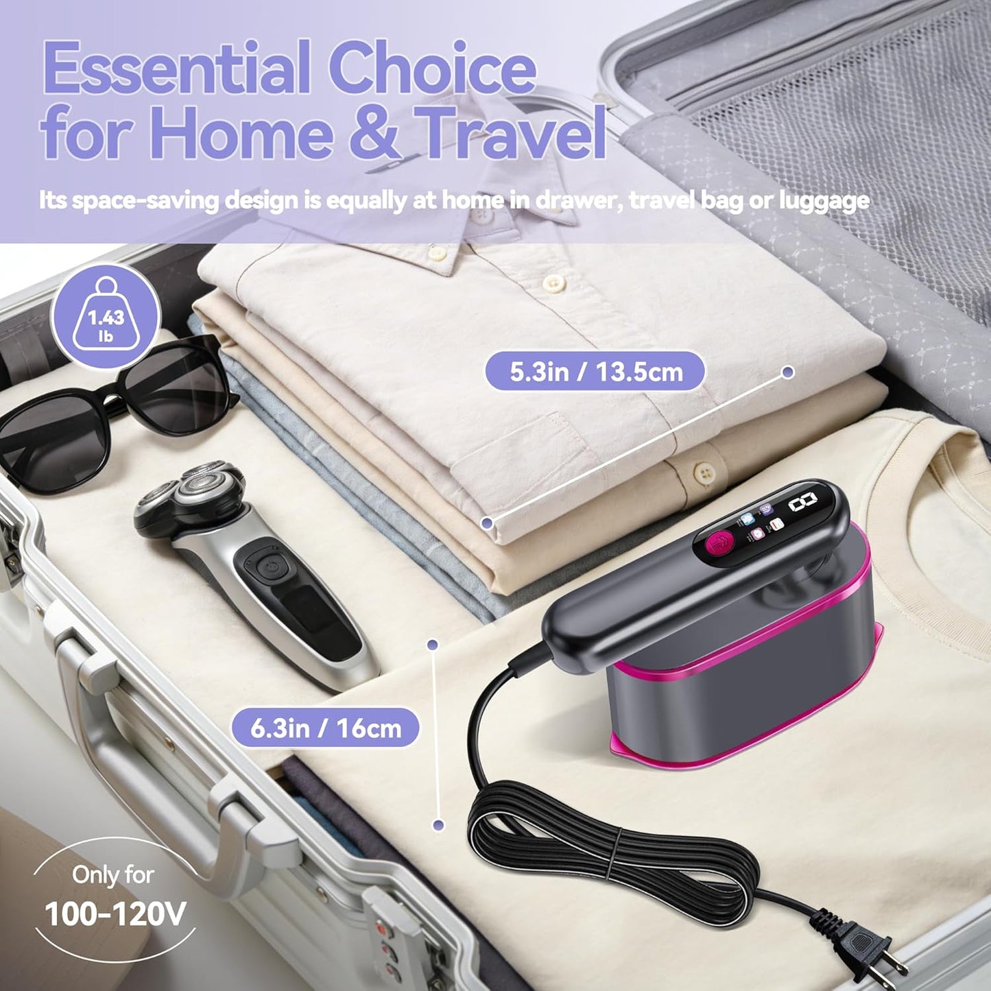 Skiennix Portable Handheld Travel Steamer - 2-in-1 Iron & Steamer with LCD Display, 1200W Fast Heat-Up, 180ml Tank for 20 Min Wrinkle Removal