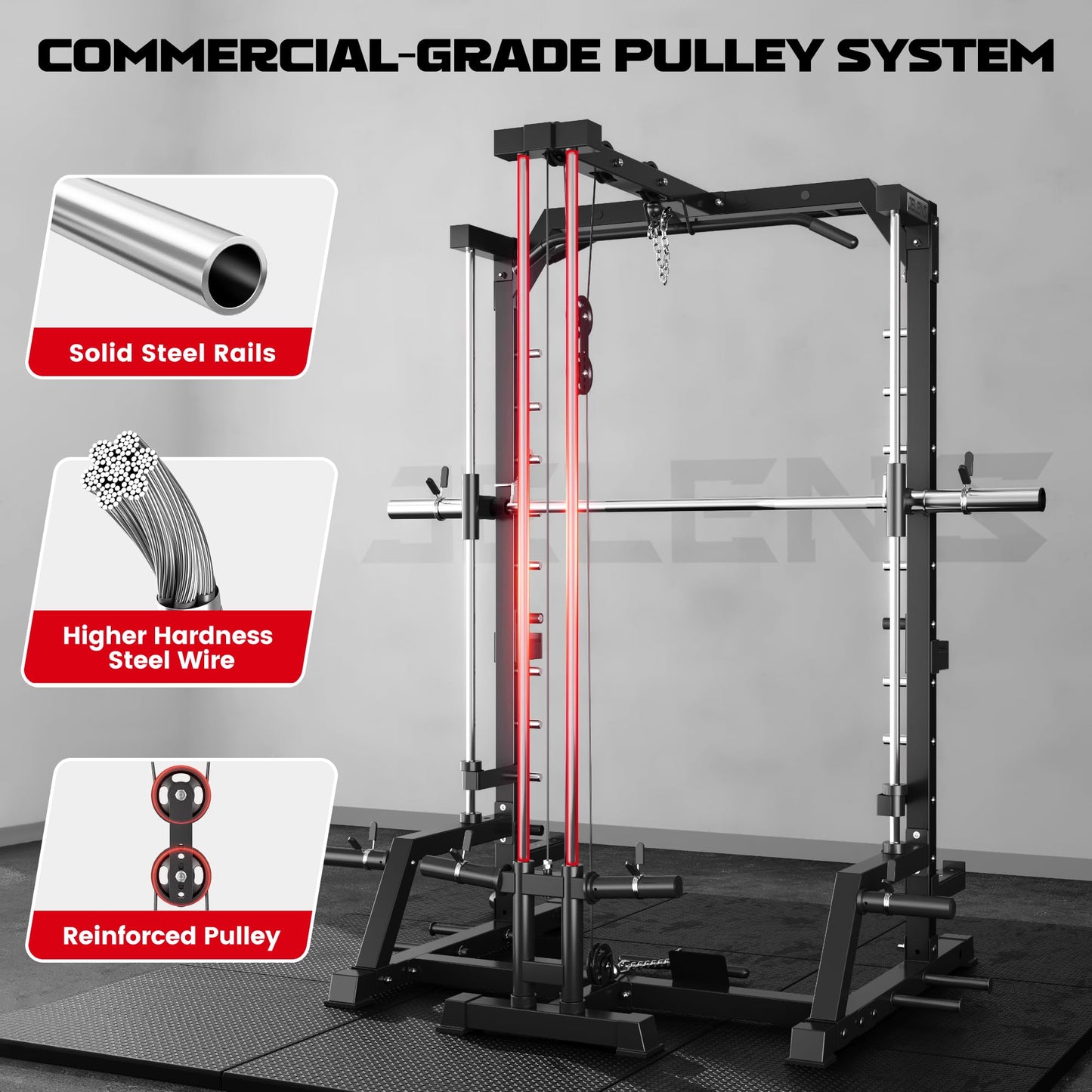JELENS SR01 Smith Machine, 2000LBS Multi-Function Power Cage with LAT Pulldown System, All-in-One Home Gym Squat Rack with Smith Bar and Training Attachments (Black, SR01 Smith Machine)
