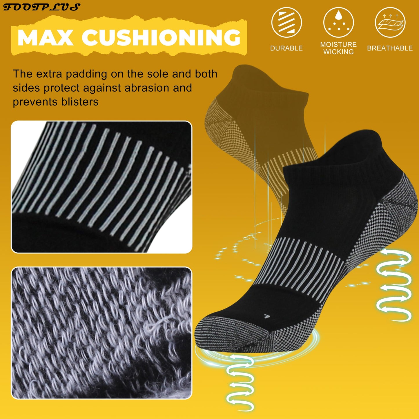 FOOTPLUS 6 Pairs Copper Running Socks,Men Women Thick Cushioned Low Cut Jogging Golf Tennis Arch Support Compression Marathon Athletic Sweat Ankle Yoga Gym Travel Socks,Black, L
