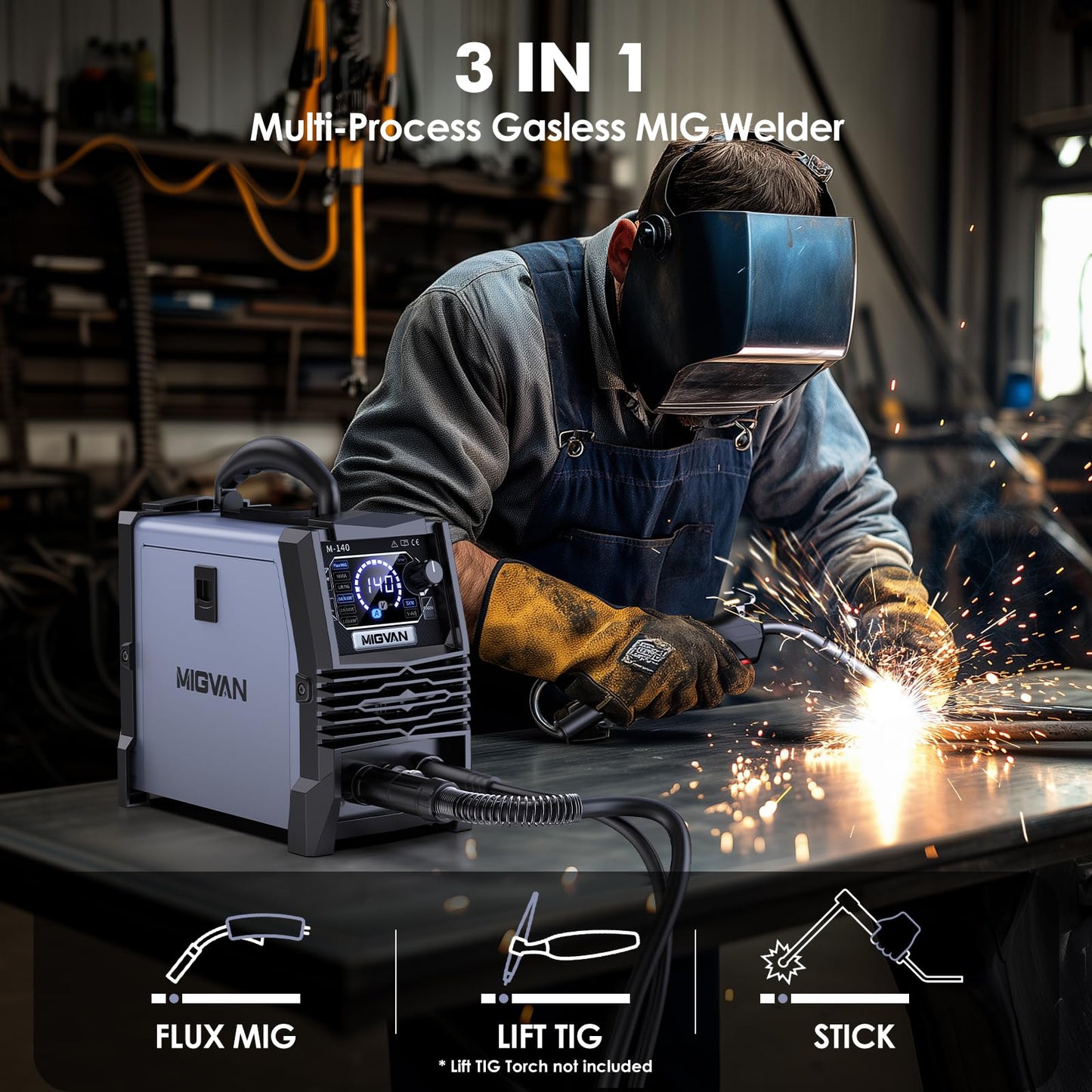 140A MIG Welder, MIGVAN 110V Flux Core MIG/Stick/Lift TIG 3 in 1 Welding Machine with Large LED Digital Display, IGBT Inverter Portable Gasless Welder with Welding Gun and Flux Core Wire