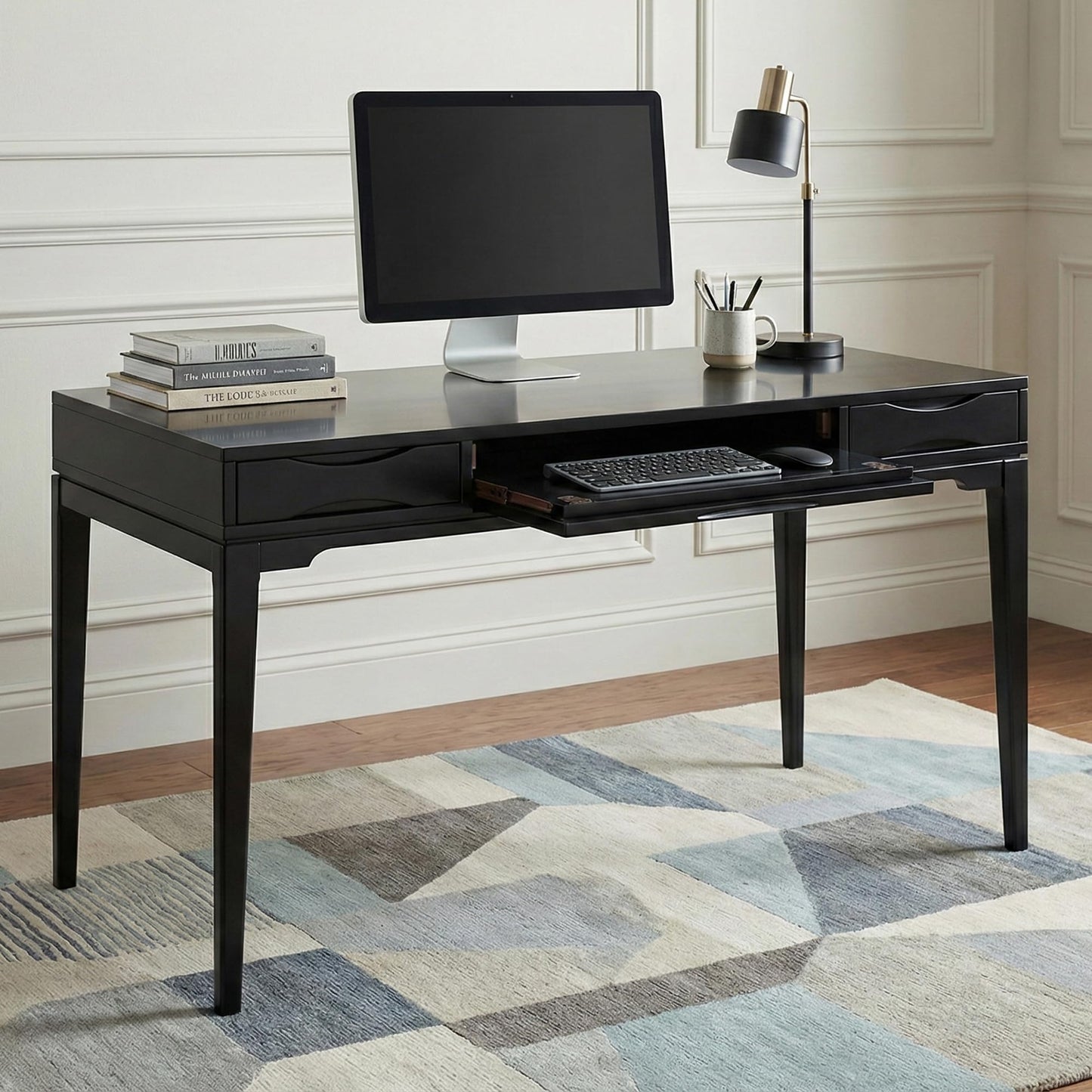 SIMPLIHOME Harper Desk - 60 Inch Wide Solid Wood Writing Desk in Black, Mid-Century Modern Home Office Computer Table for Workspace or Study with 2 Drawers and Flip-Down Keyboard Tray
