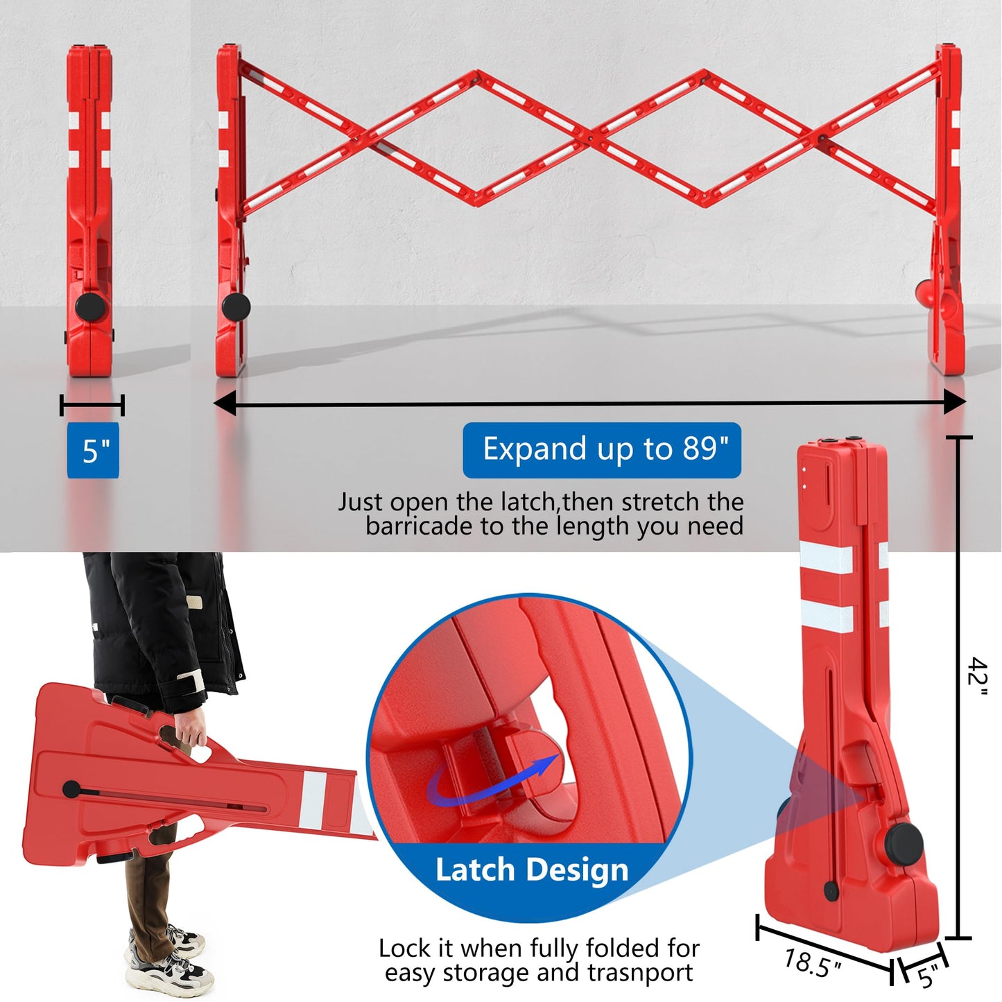 RELIANCER Expandable 7.41ft Safety Barricade,Retractable Security Barrier Water Filled Weighted Base,Adjustable Traffic Barricades,Outdoor Crowd Control Barriers,Driveway Isolation Gate,Garden Fence