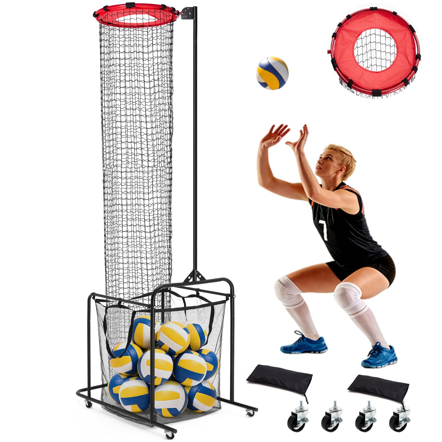 ZEALFEEL Volleyball Setter Training Net 6 Height & 5 Angle Adjustments, Volleyball Setter Training Equipment with Target Cloth Collection Bag 4 Wheels & Sandbag, Setting Trainer for Indoor Outdoor