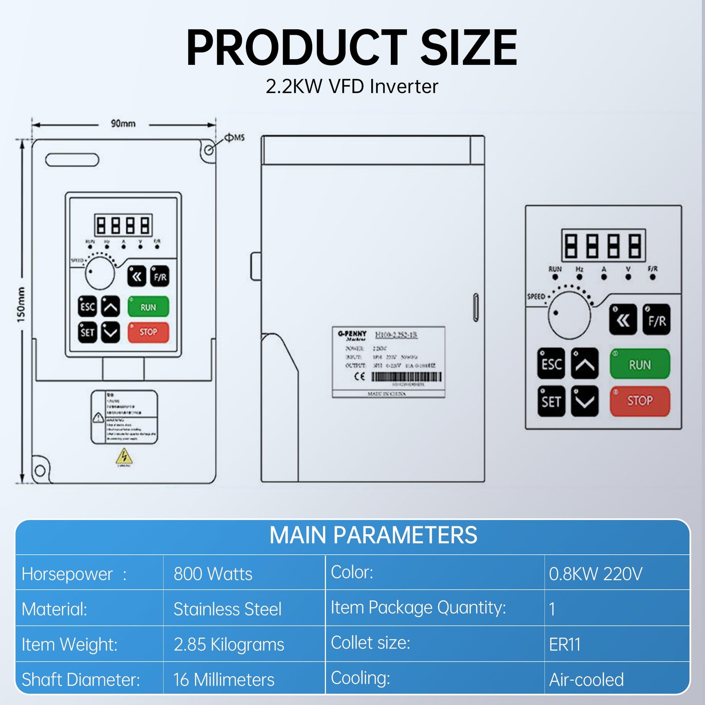 RATTMMOTOR CNC Spindle Motor Kit 220V 2.2KW Square Spindle Motor Air Cooled ER20+2.2KW VFD Inverter 220V Variable Frequency Drive Single to 3 Phase Converter for CNC Milling Machine