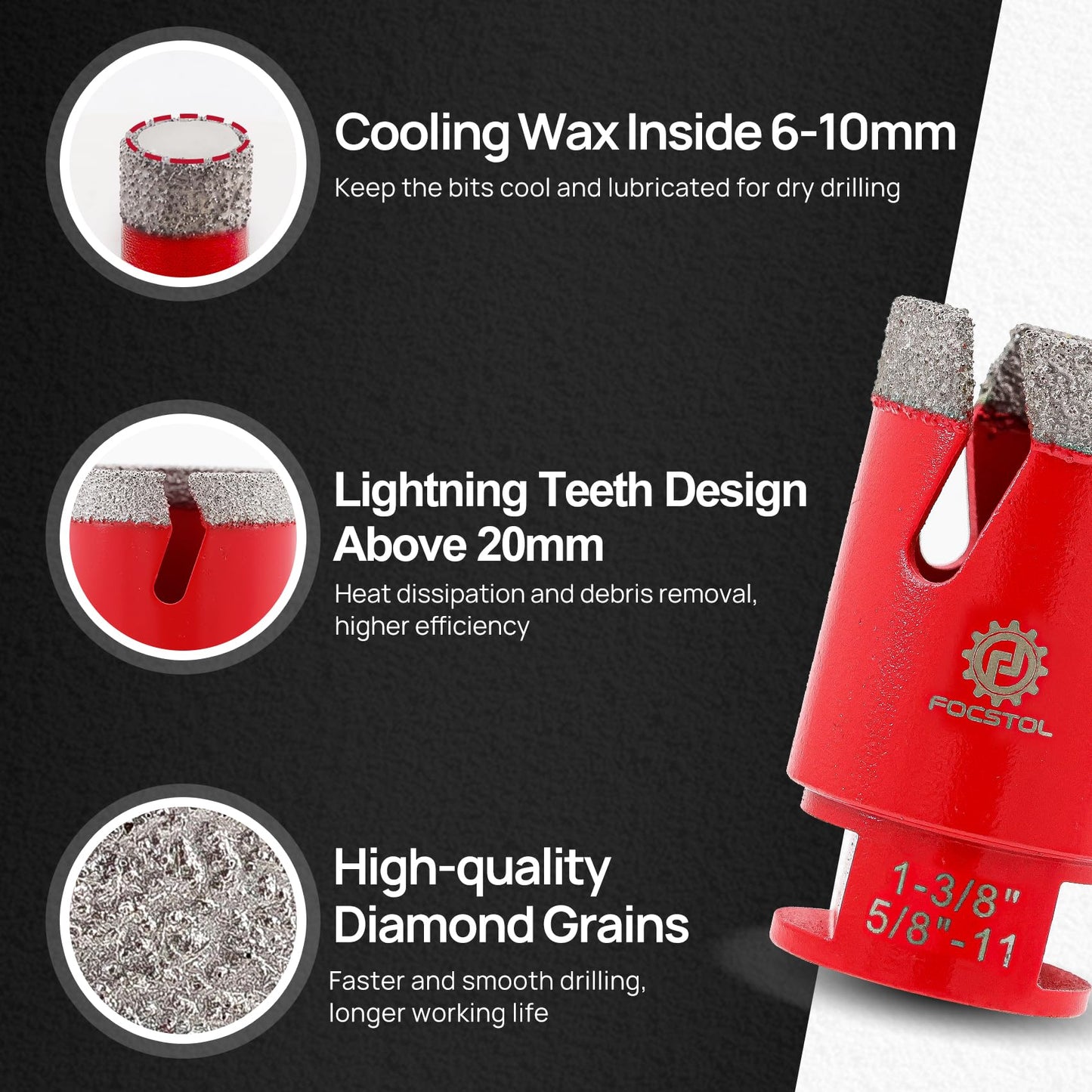 Diamond Tile Hole Saw Kit 13pcs - (6/6/8/20/35/50/75/100mm+20mm Milling Bit+50mm Beveling Chamfer Bit+Hex+SDS+115mm Saw Blade) Diamond Core Drill Bit Set for Porcelain Tile Ceramic Marble FOCSTOL