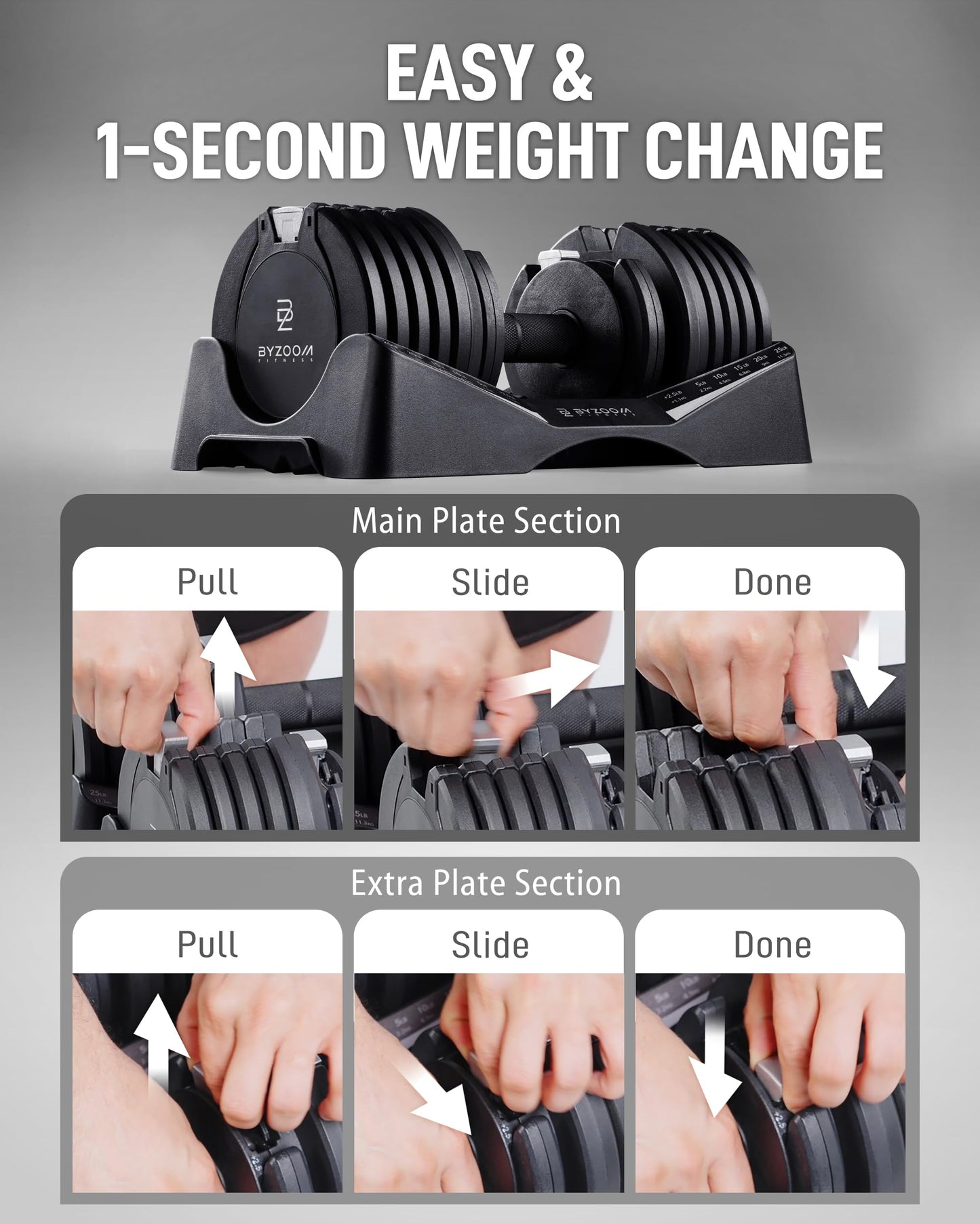BYZOOM FITNESS Pure Series Adjustable Dumbbell 27.5LB Single Unit(Buy 2 for a Pair) - 10-in-1 Adjustable Weights with Precision Micro Plates, for Strength Training & Fitness Workouts at Home Gym, Garage Gym, Small Apartments, Black
